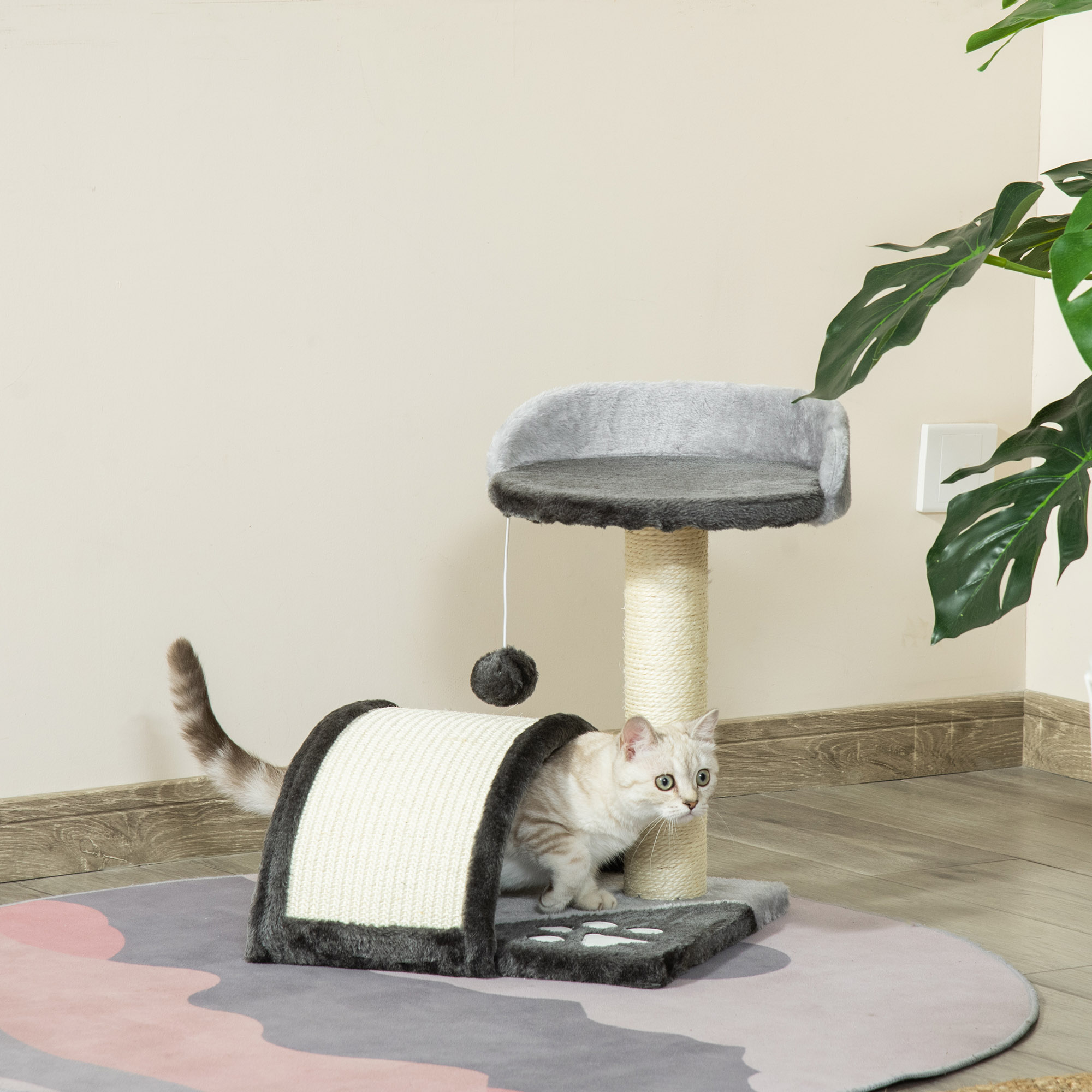 Kratzbaum 46 cm Kleiner Katzenturm mit Höhle, Spielball, Sisal-Seil, erhöhter Plattform, Katzenkratzbaum, Kletterbaum, für Katzen bis zu 4 kg, Dunkelgrau
