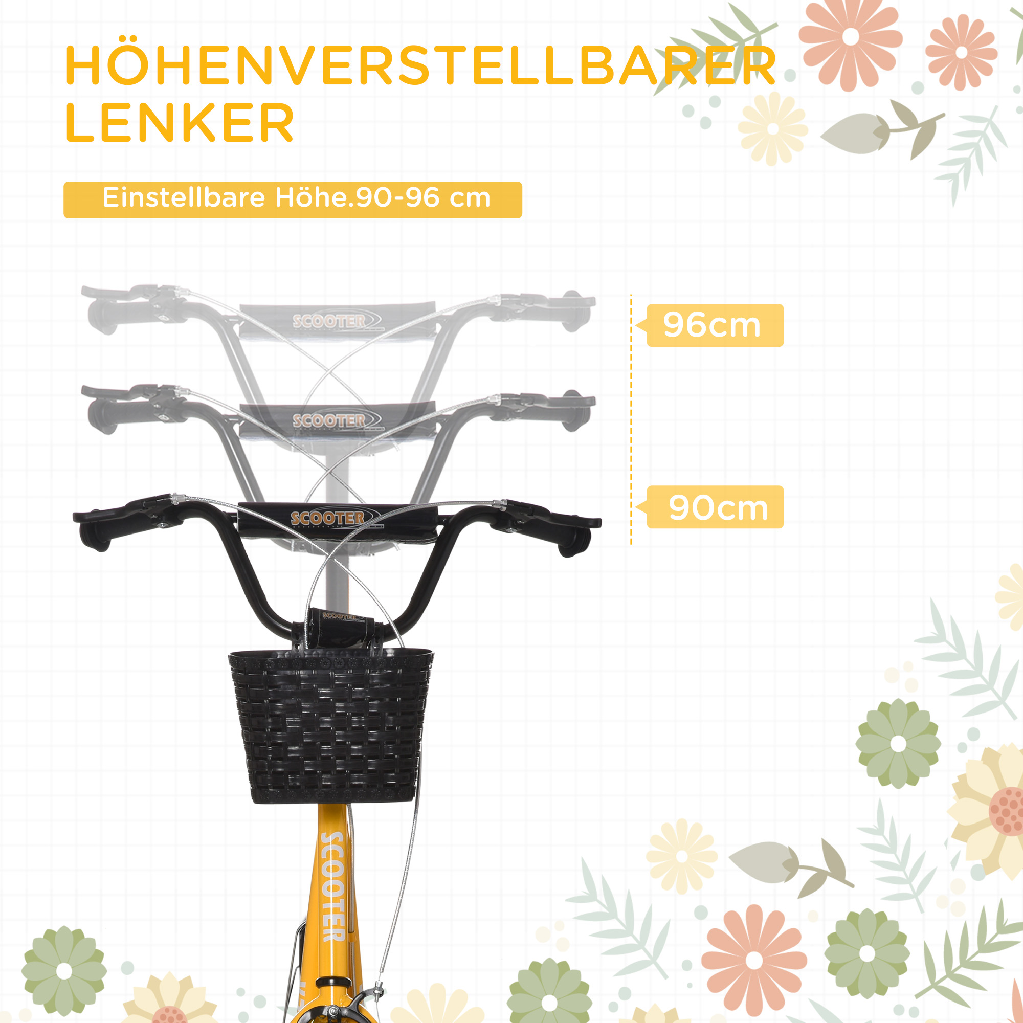 Kinder-Tretroller, höhenverstellbar, rutschfest, Stahlrahmen, abnehmbarer Korb, Bremsen, Gummireifen