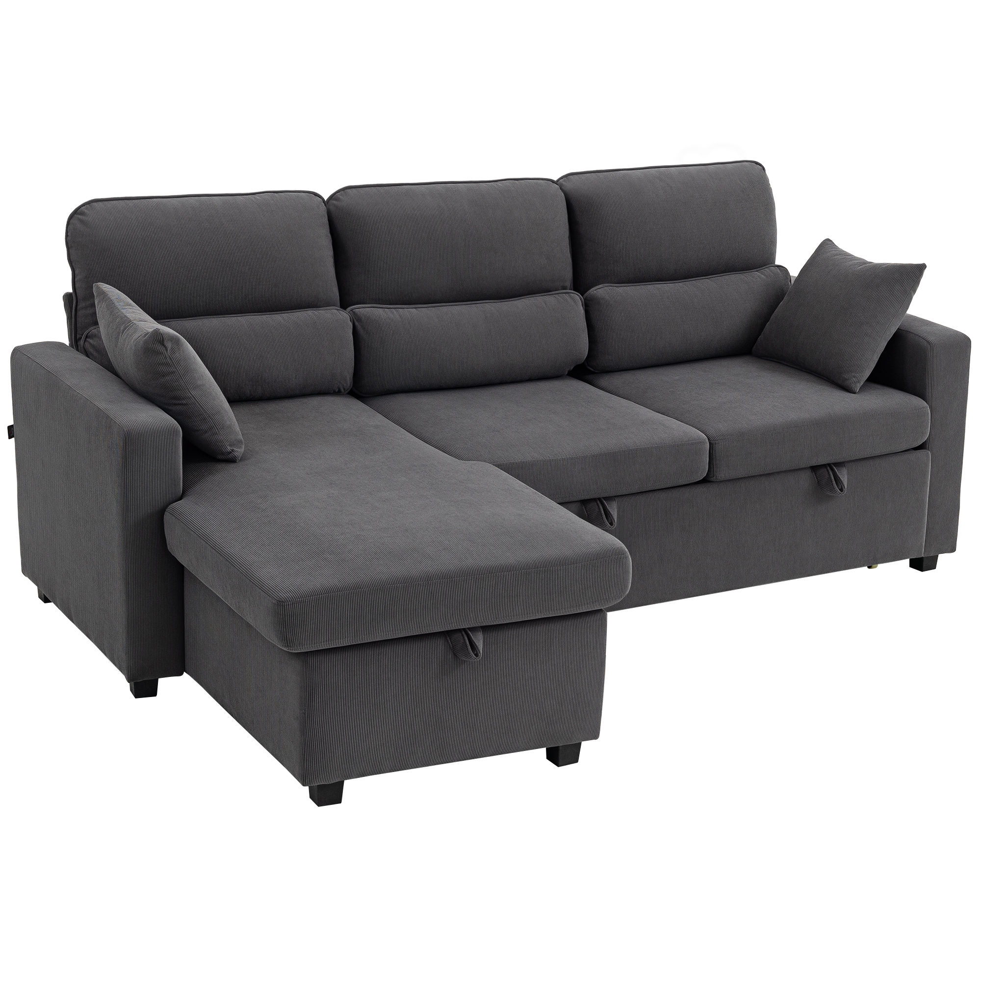 Verstellbares Bettsofa, L-förmiges Gästesofa mit Bettfunktion, Stauraum, Kissen, für Wohnzimmer, Gästezimmer, Dunkelgrau