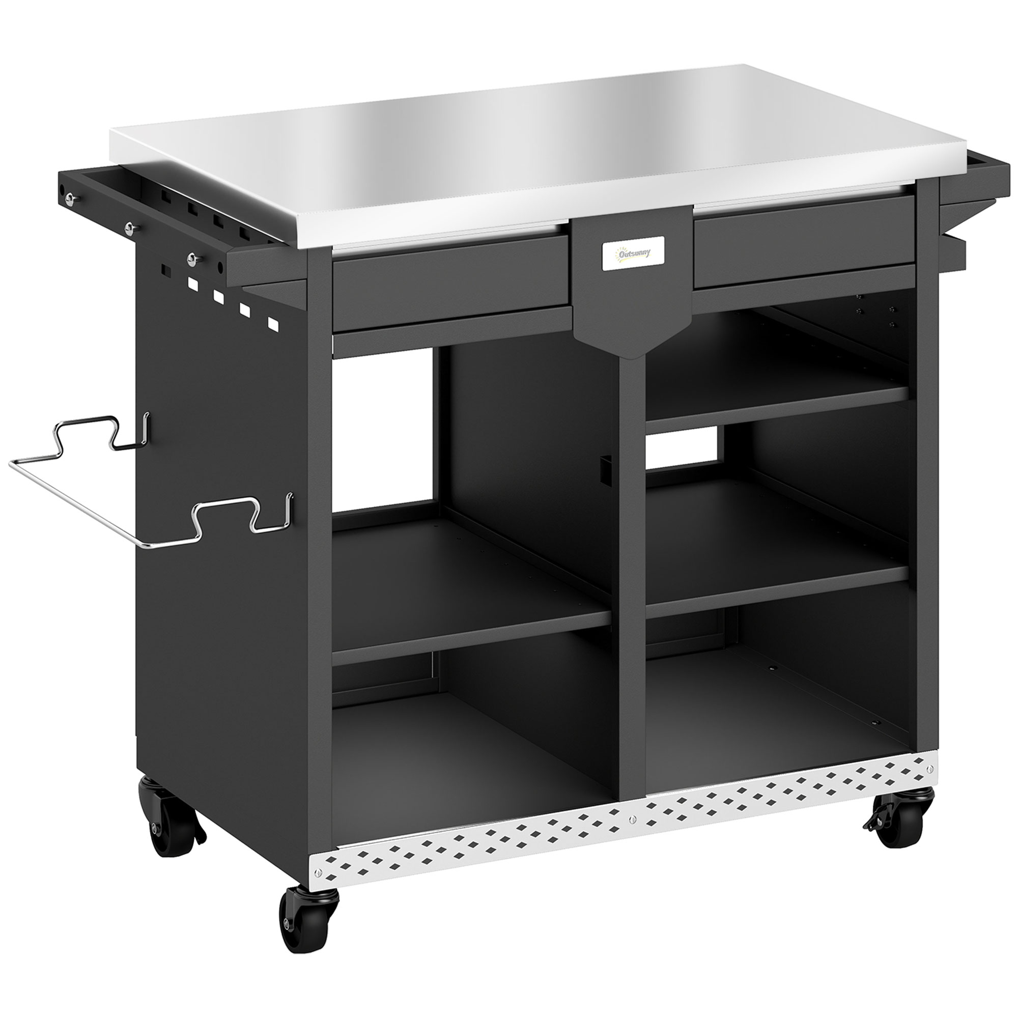 Grillwagen 5-Etagen Grilltisch mit Edelstahl Arbeitsfläche verstellbar Regale Schublade Rollen Gewürzhalter Müllständer