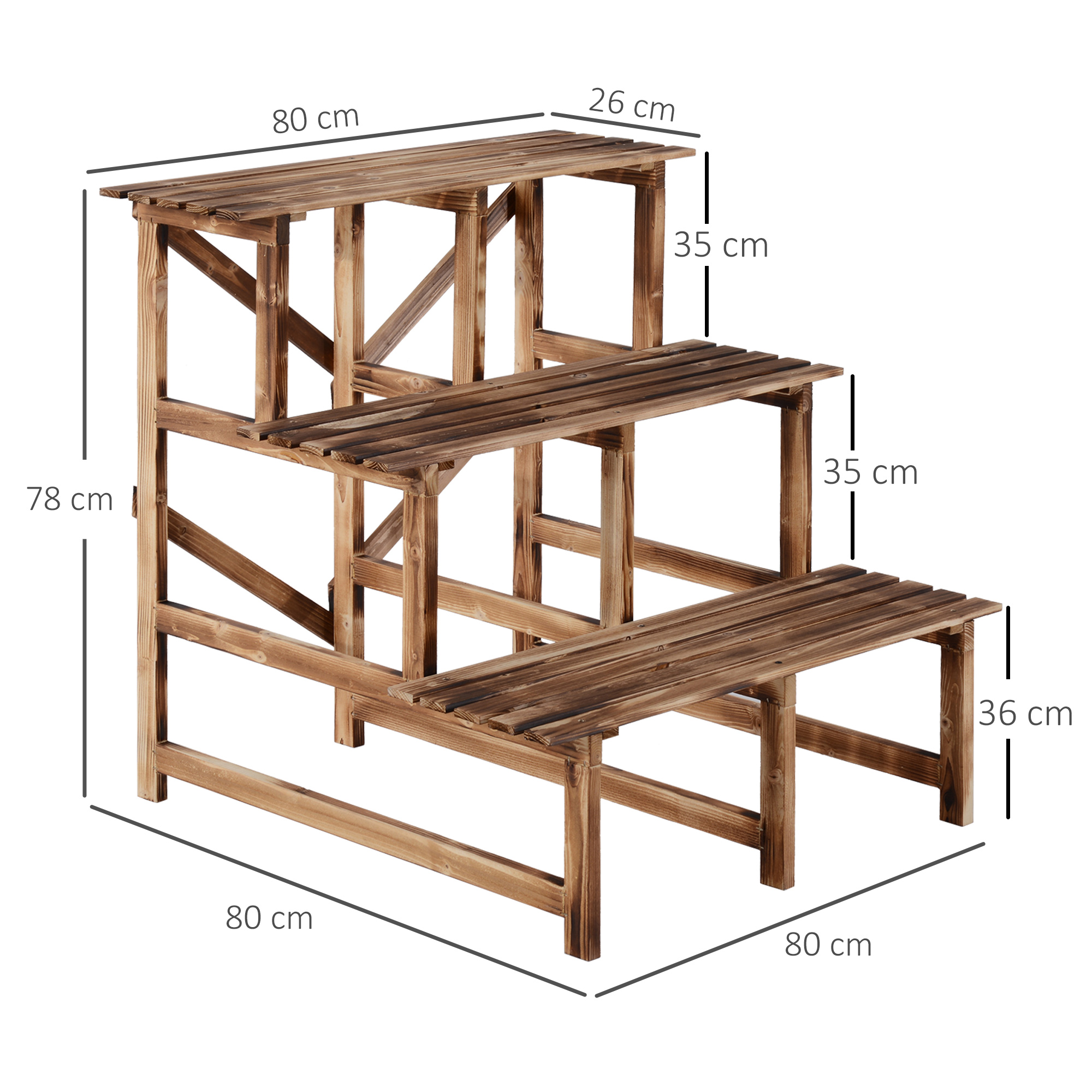 Pflanzentreppe, Blumentreppe, Blumenregal, Pflanzregal, Blumenständer, 3 Stufen, Tannenholz, 80 x 80 x 78cm