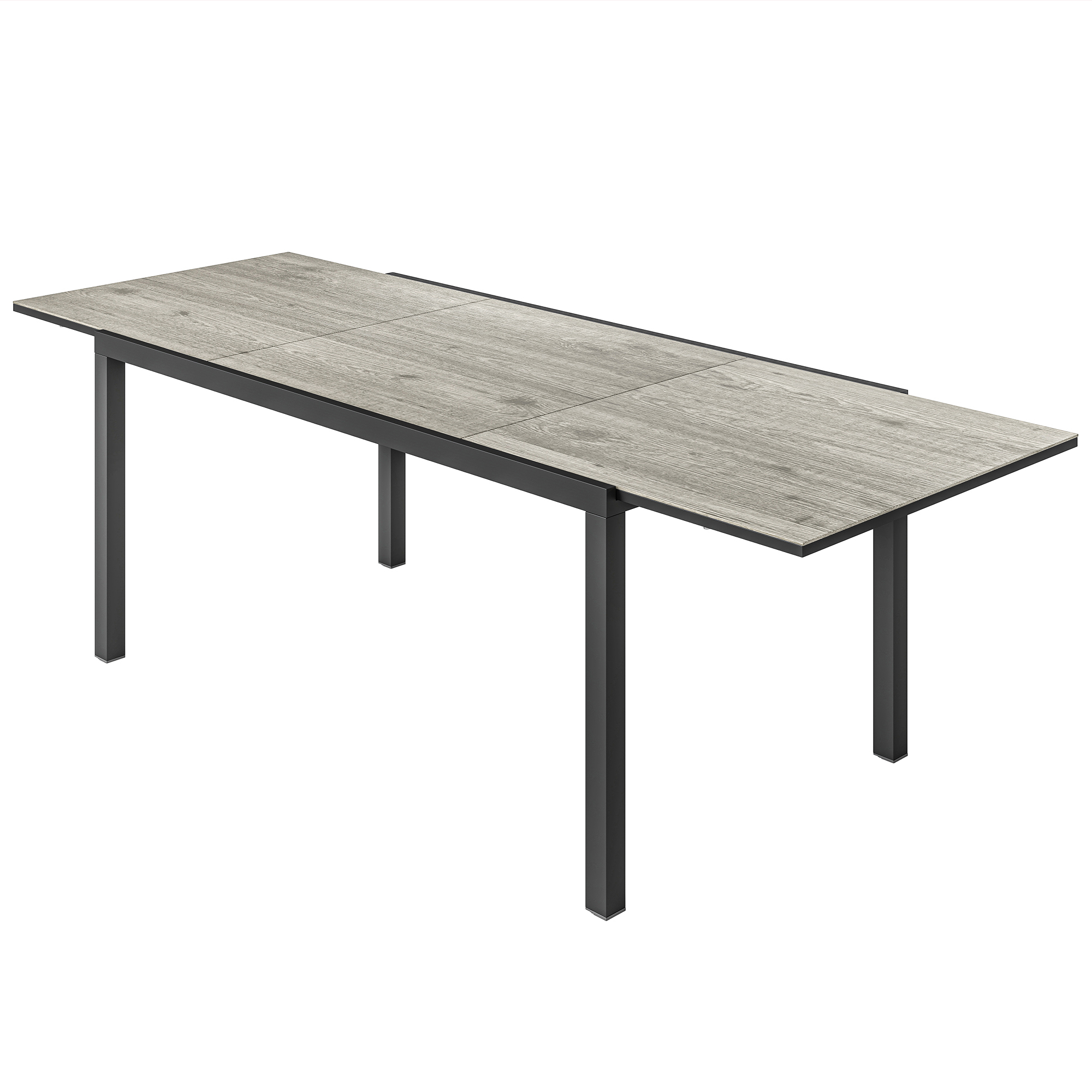 ausziehbarer Esstisch für 6-8 Personen, Verstellbarer Outdoor-Tisch aus Aluminium, Stahl, Kunststoff, Holzoptik, Grau