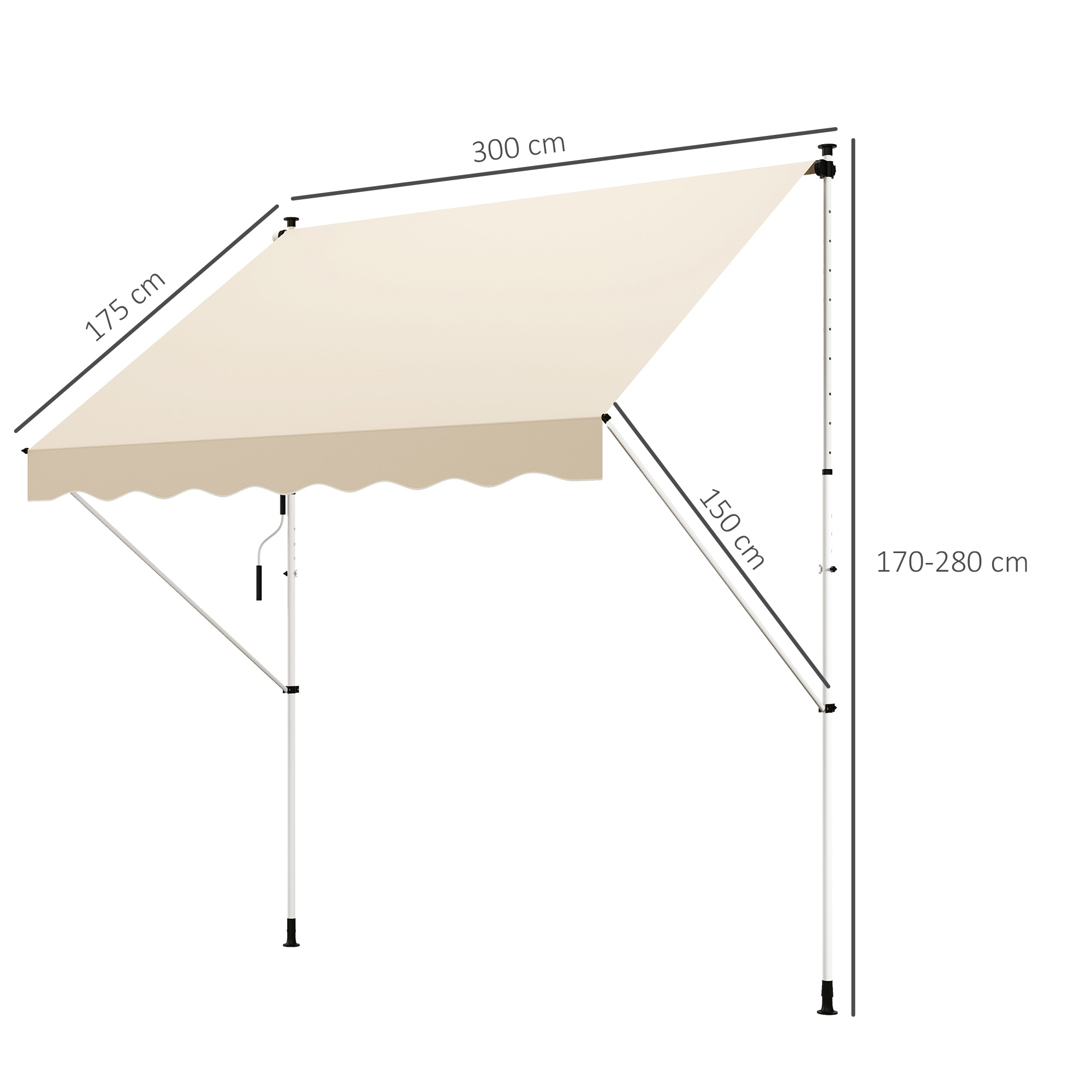 Klemmmarkise mit Handkurbel höhenverstellbar Gelenkarmmarkise schmutzabweisend, witterungsbeständig Balkonmarkise 150cm breit Terrassenmarkise für Terrasse Balkon Veranda Beige