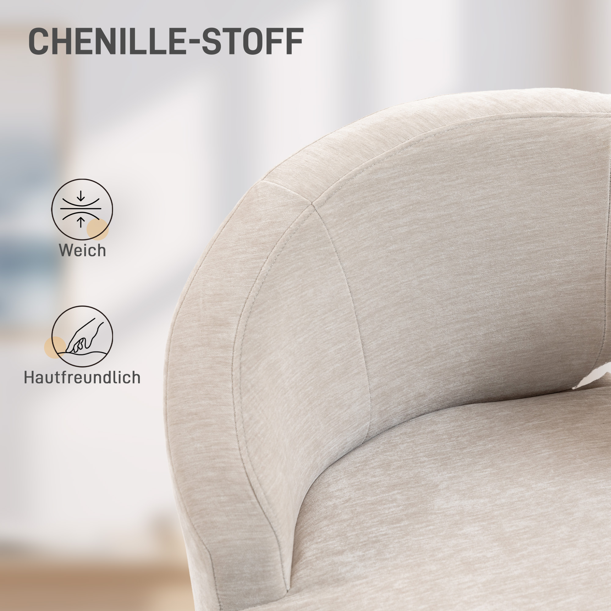 Loungesessel Sessel mit Chenille-Optik, Schrägere Rückenlehne, Goldenen Stahlbeinen für Wohnzimmer, Cremeweiß