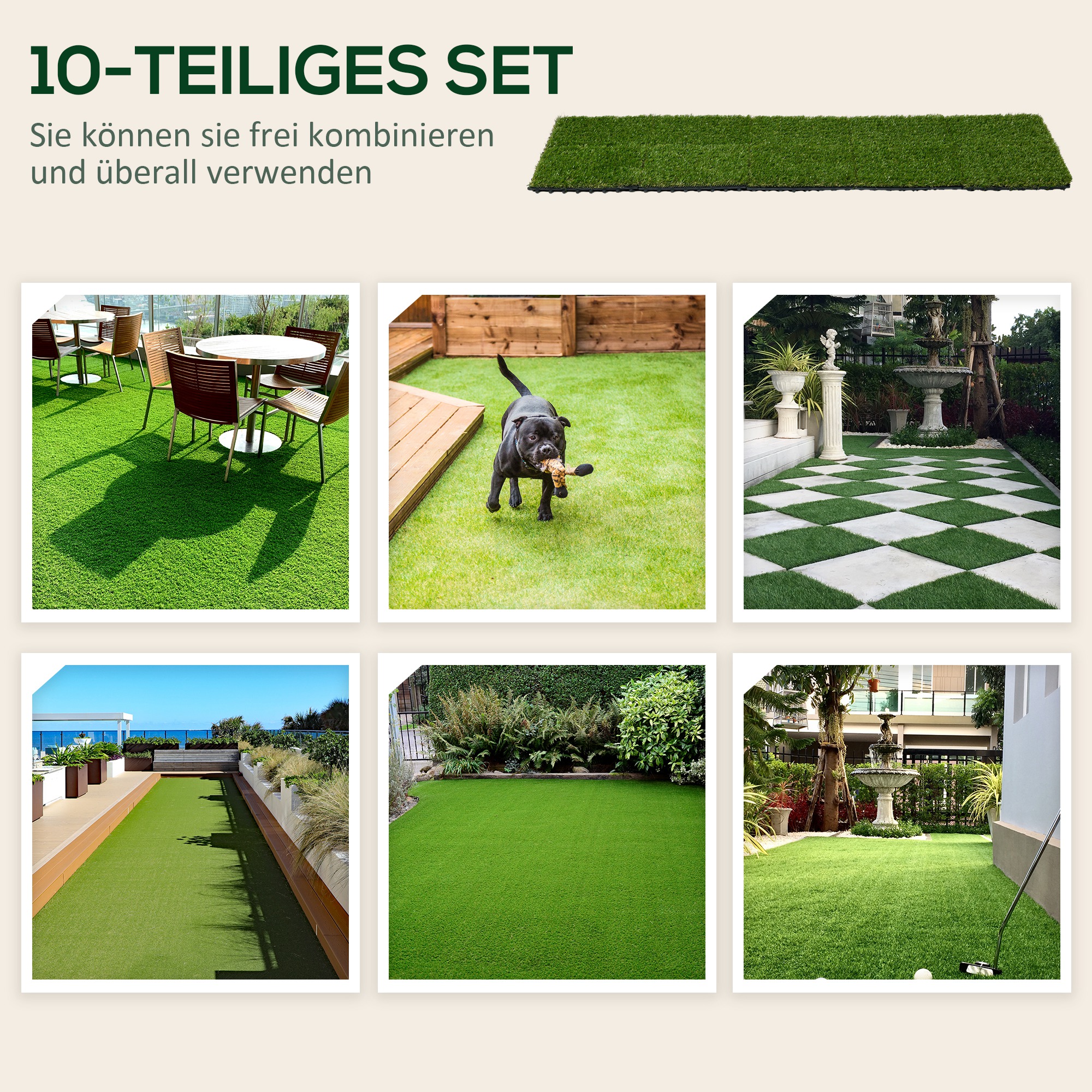 Kunstrasen, naturgetreu, Drainagefunktion, 11 K Fasern/m², 25mm Höhe, 10-er Set je 30x30cm, Grün