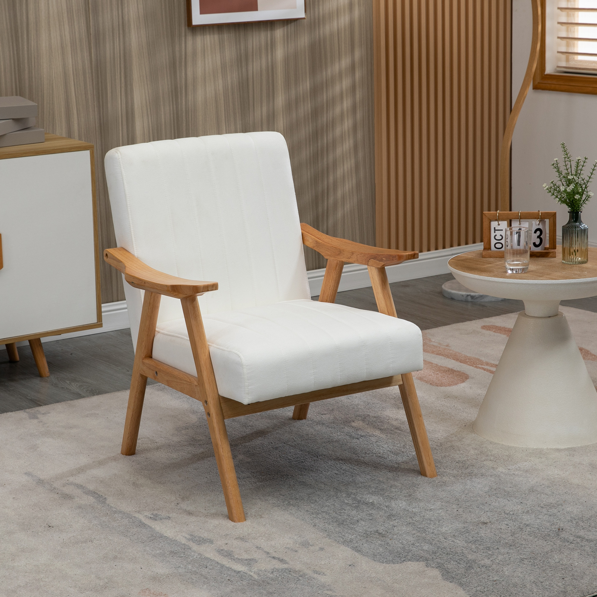 Polstersessel im Skandi-Design, Samtoptik, Massivholzrahmen, 68 x 74 x 82cm, Natur+Creme