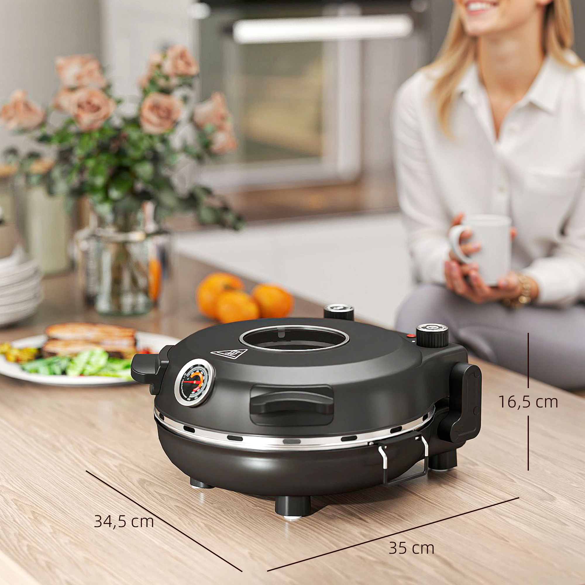 Pizzaofen elektrisch 430 ?, 1200 Watt Pizzabäcker mit 30cm Steinplatte Timer Sichtfenster Edelstahl Schwarz
