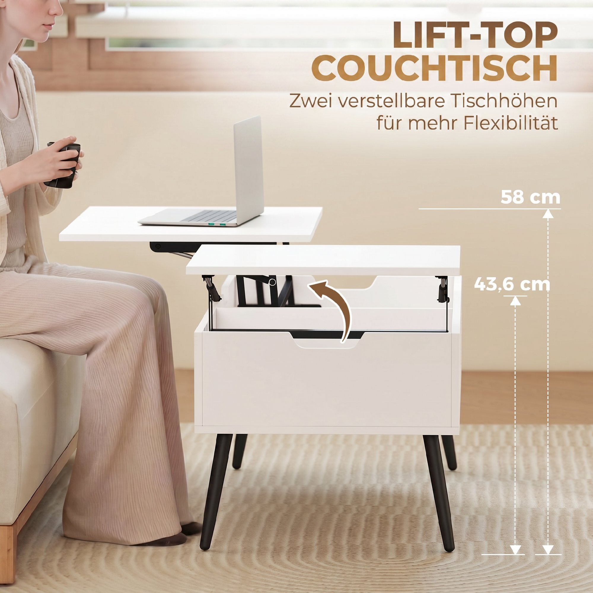 Couchtisch Höhenverstellbar Wohnzimmertisch mit Verstecktem Stauraum für Wohnzimmer, 50 x 100 cm, Weiß