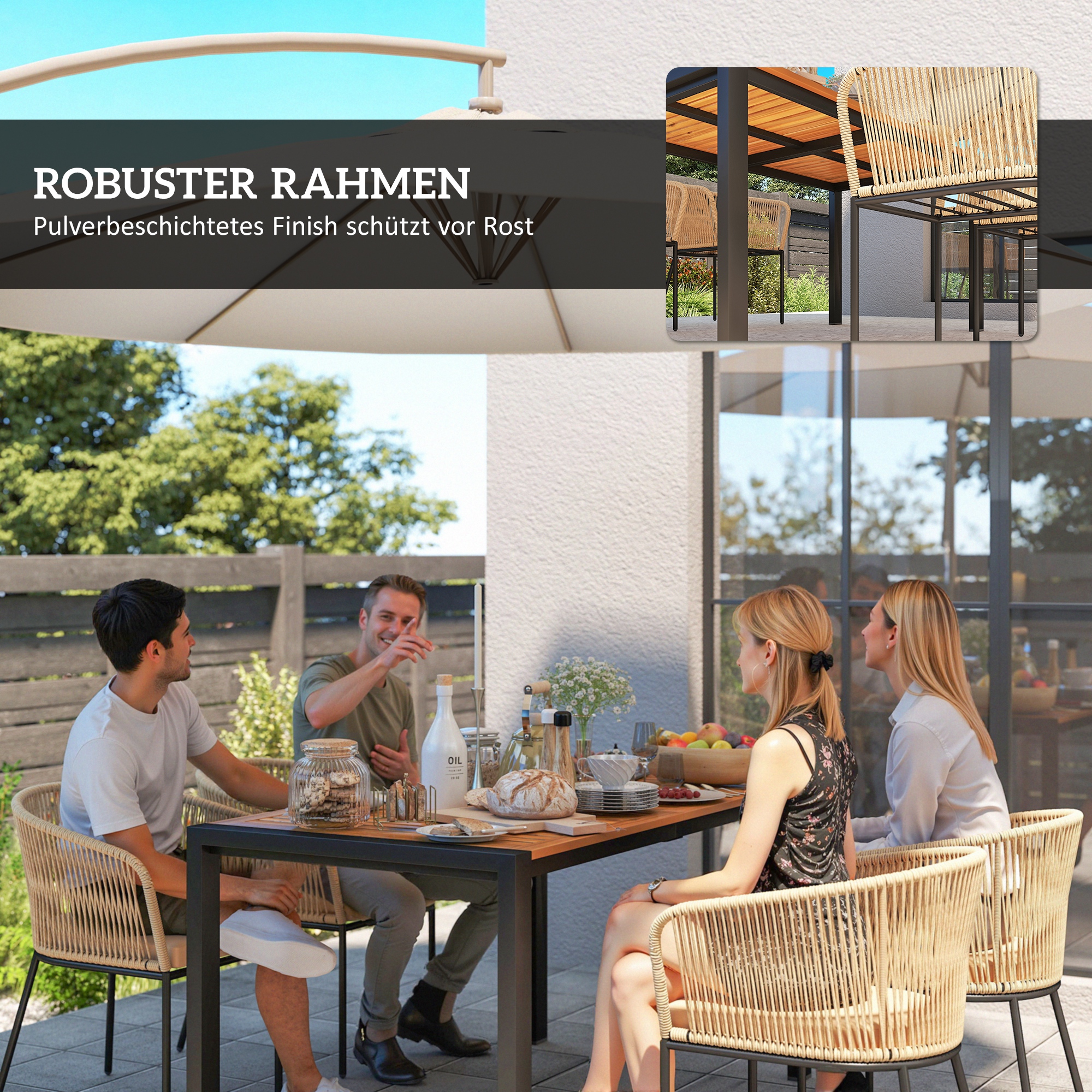 5-teiliges Gartenmöbel-Set, 4 Stühle, 1 Tisch, Kunst-Rattan, Stahlgestell, waschbare Kissen, für Terrasse, Khaki