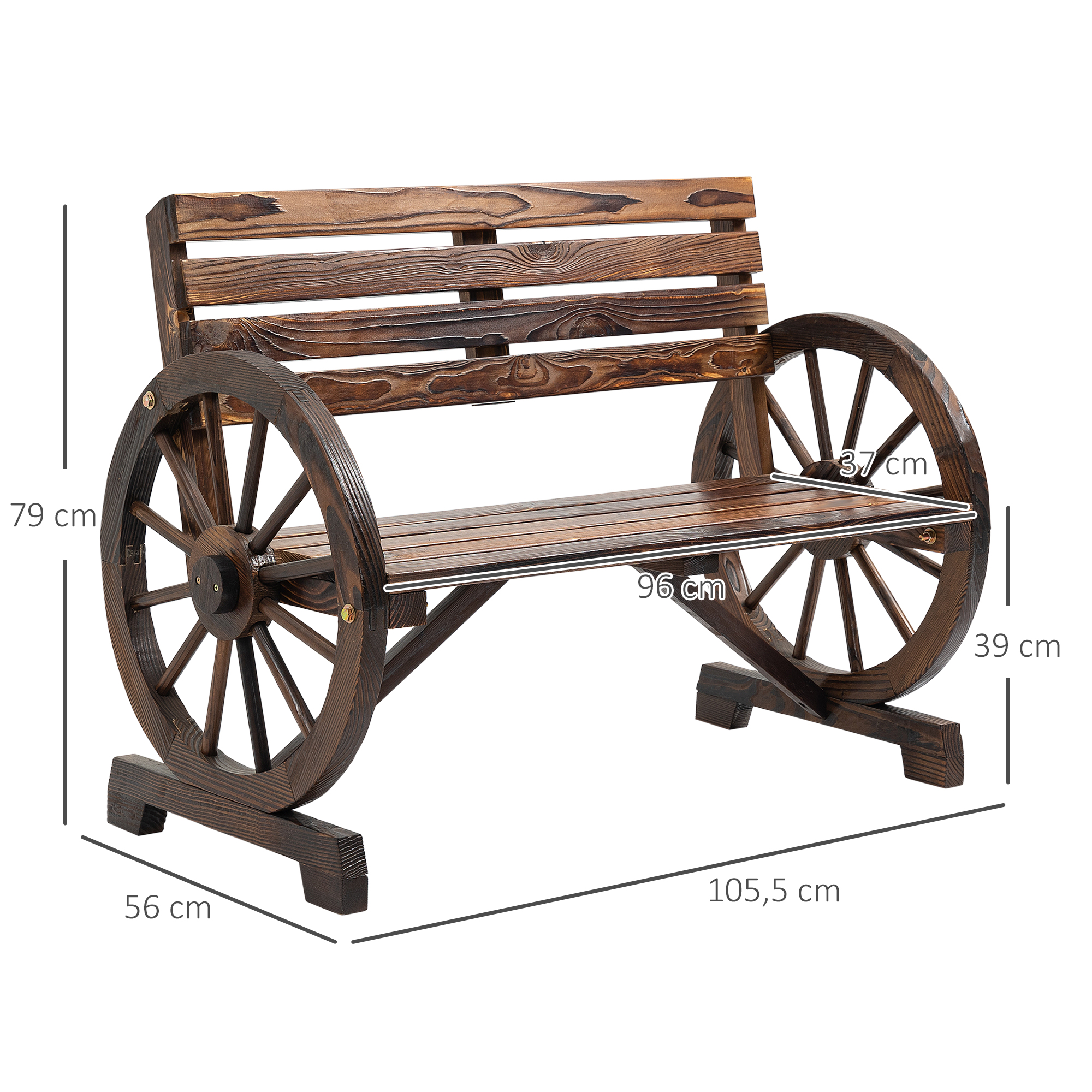 Gartenbank, Wagenrad-Design, für 2 Personen, Naturholz, dunkelbraun, 105,5 x 56 x 79cm