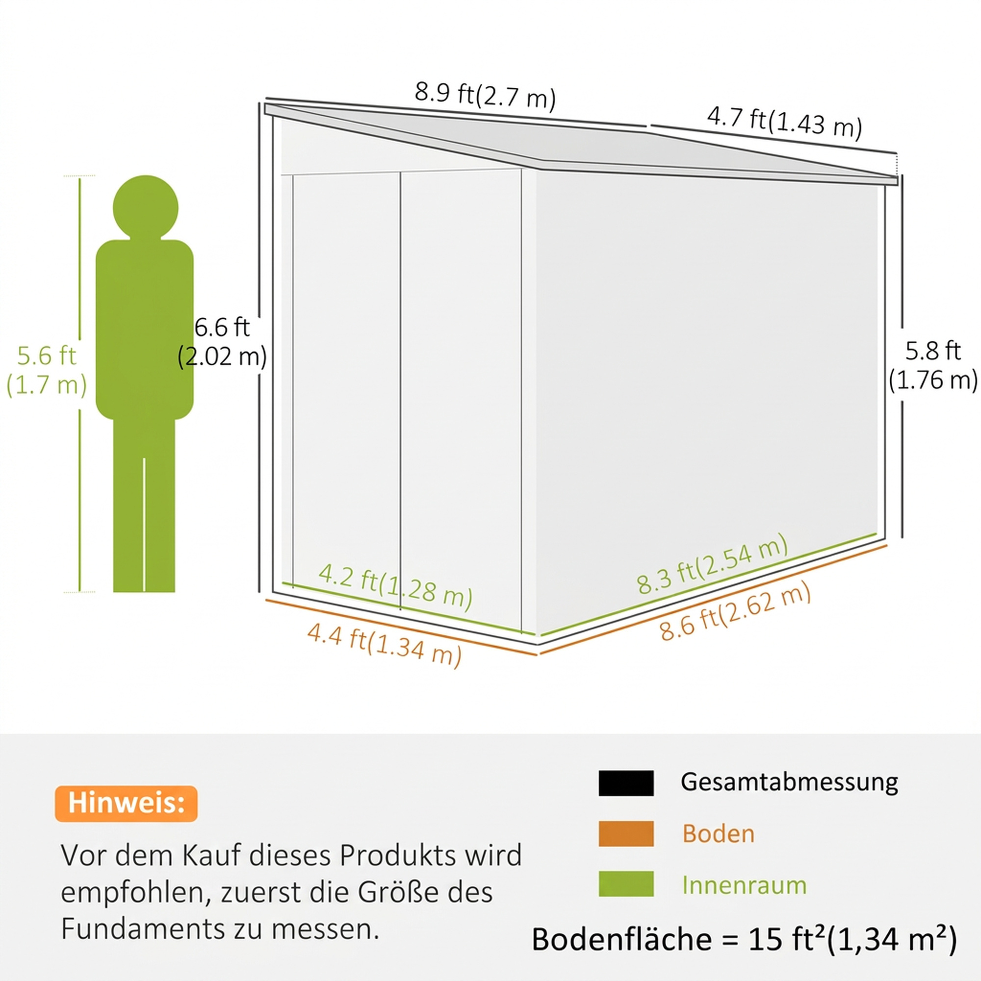 Metall Gerätehaus 3,5m² 143x270x202cm Geräteschuppen mit Pultdach Abschließbarer Doppeltür, Fundament, Lüftungsschlitzen