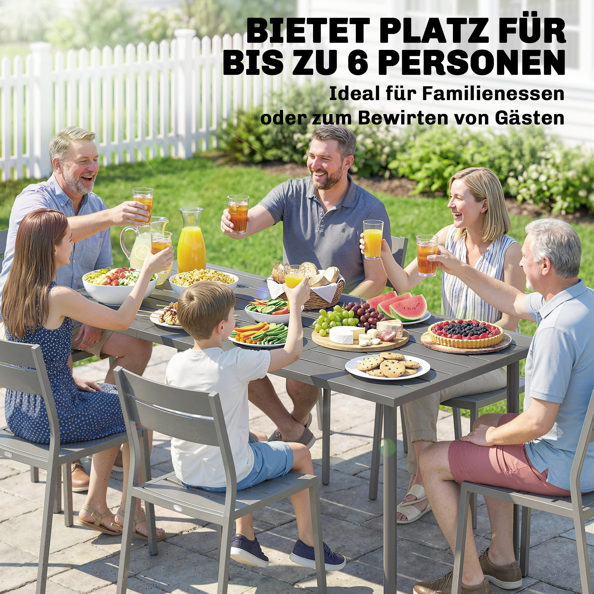 Gartentisch 165 x 80 cm für 6 Personen Esstisch mit Lamellen-Tischplatte Stahlrahmen, Rechteckig
