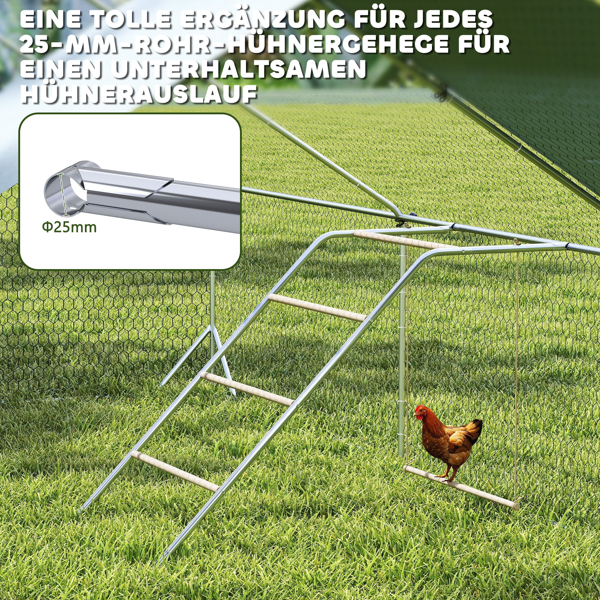 Hühner Spielgerüst aus Holz, Spielplatz für Hühnern mit Hühnerstangen, verstellbar Schaukel, 82 x 150 x 110 cm Silber