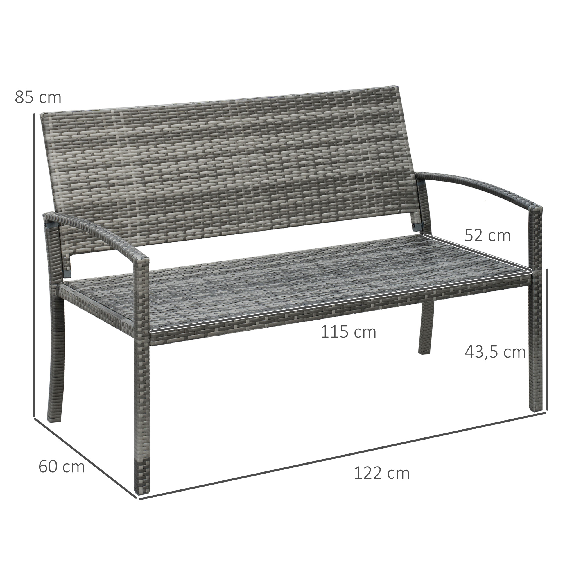 Gartenbank, in Rattanoptik, mit Stahlrahmen, für 2 Personen, Braun, 122 x 60 x 87cm