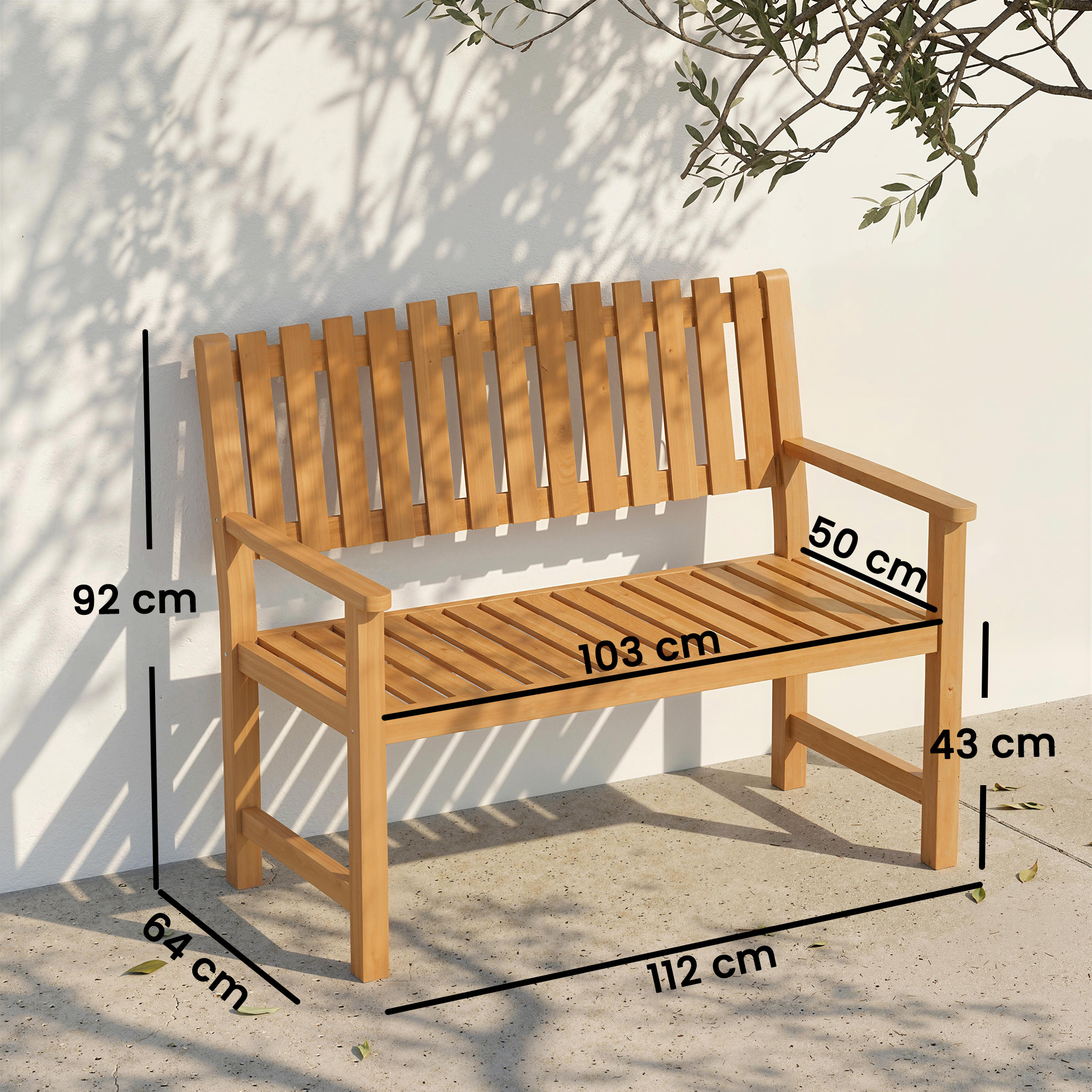 Gartenbank 2-Sitzer Wetterfest Holzbank mit Lamelldesign Armlehnen, Holz Sitzbank bis 320 kg 112 x 64 x 92 cm Naturholz