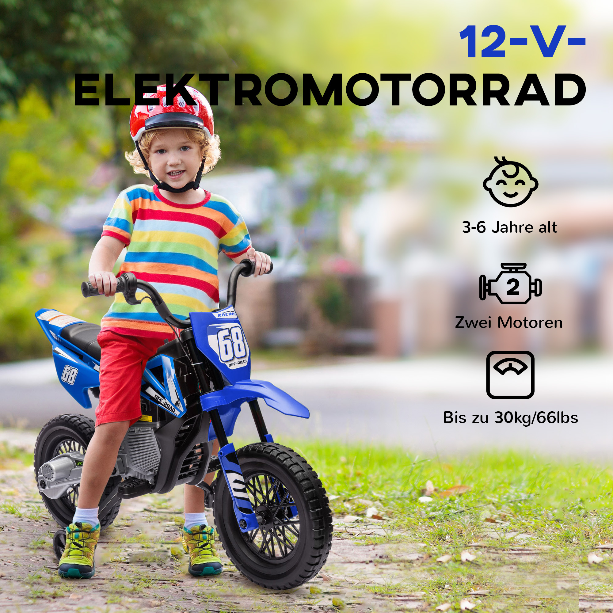 Elektro-Motorrad für Kinder, 12V Kindermotorrad mit Musik, Kinderfahrzeug mit Trainingsrädern, 3-6 Jahre, Blau