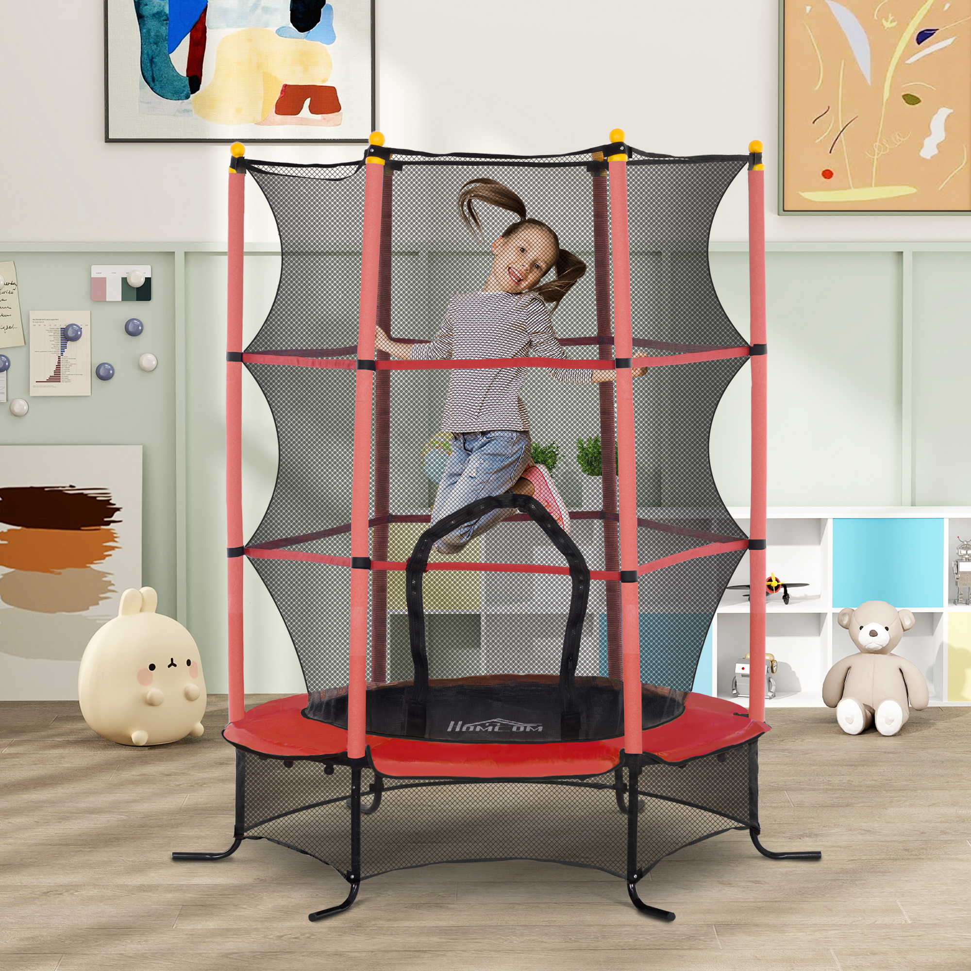 Trampolin für Kinder, Ø163 cm, mit Sicherheitsnetz, für drinnen und draußen, Belastung bis 50 kg, Stahl, Kunststoff, Rot