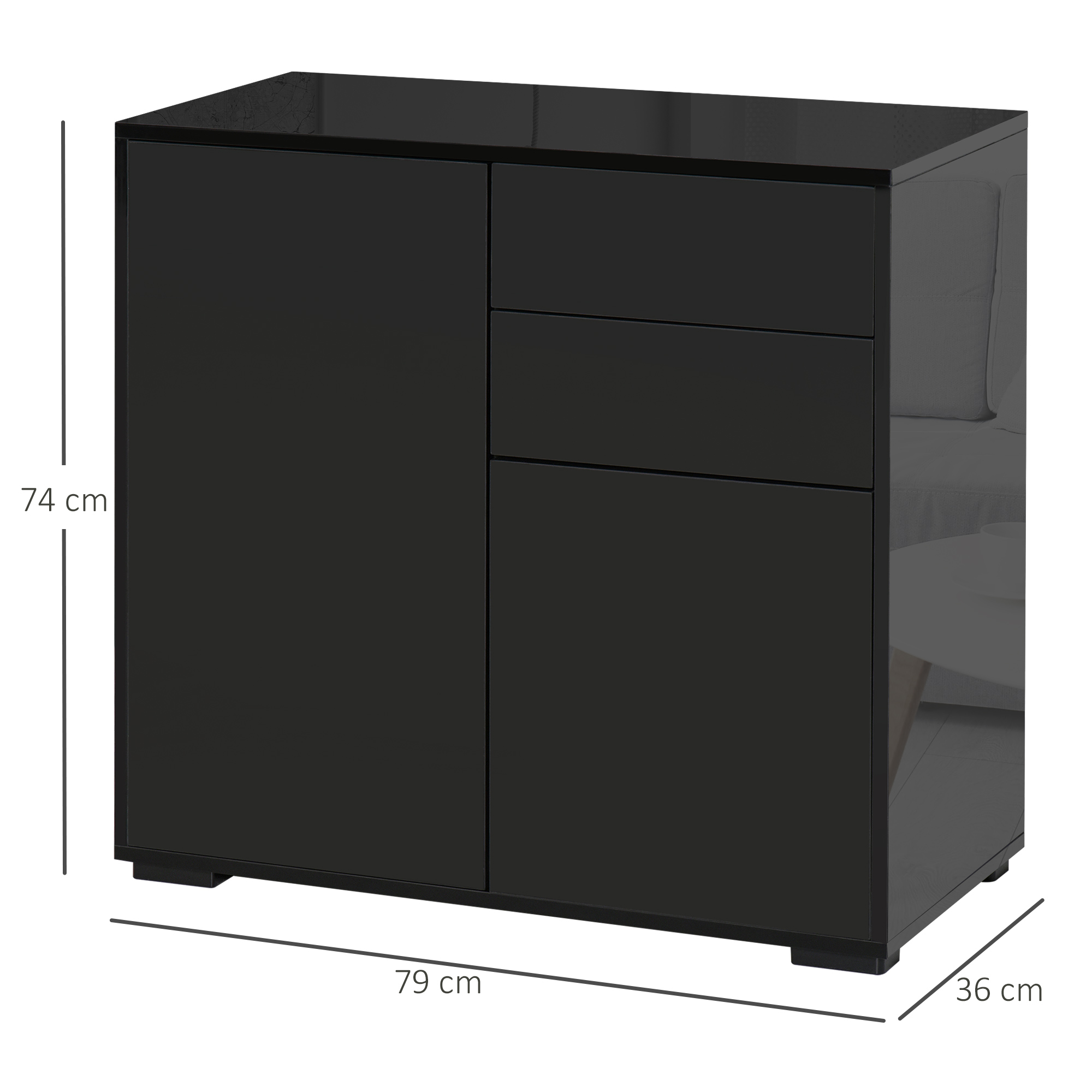 Aufbewahrungsschrank mit 2 Schubladen, 2 Türen, mit Kippschutz, für Wohnzimmer, Schlafzimmer, 79 x 36 x 74 cm, Schwarz