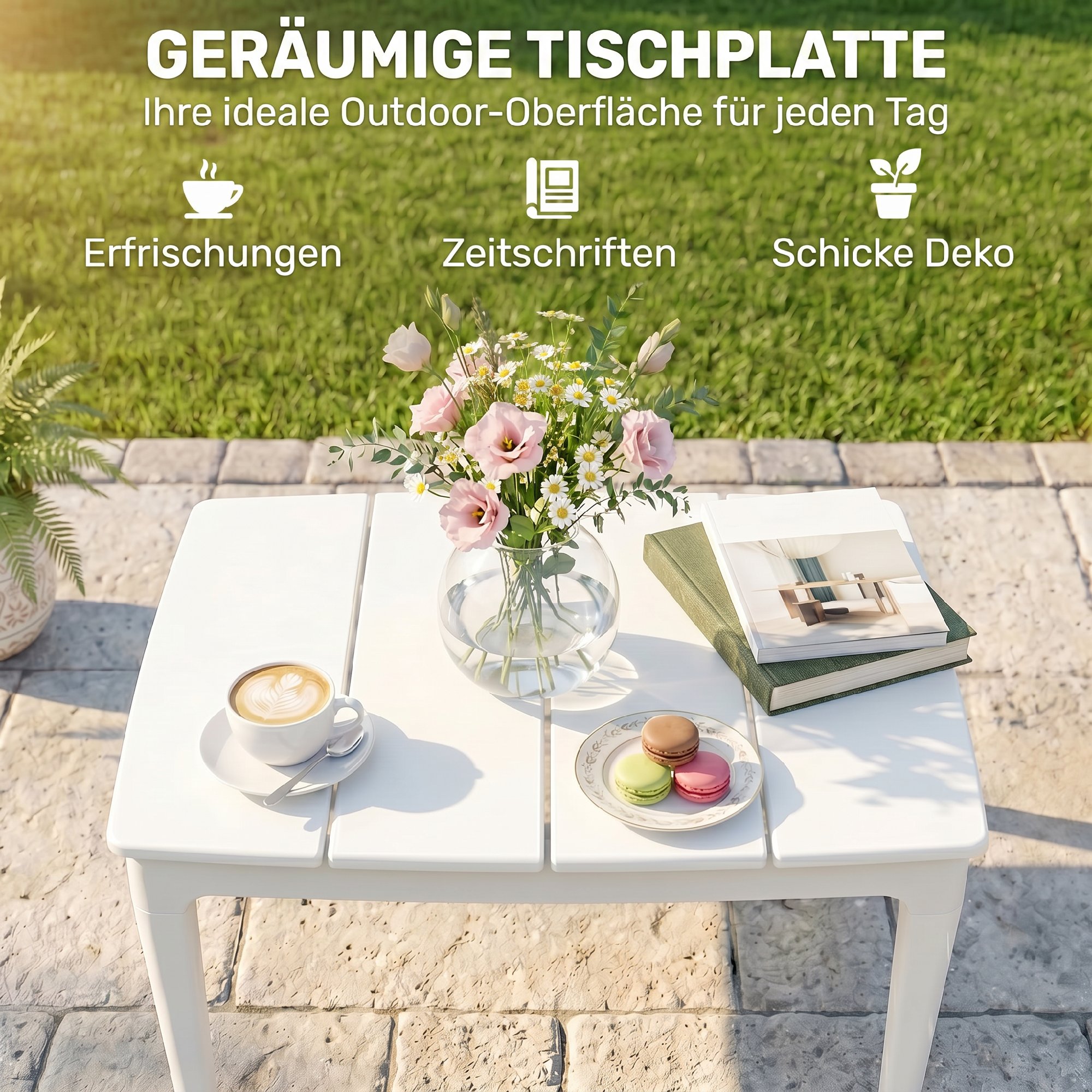 Beistelltisch 70 x 53cm wetterfest Gartentisch aus Kunststoff rechteckig Balkontisch 35kg Belastbar Cremeweiß