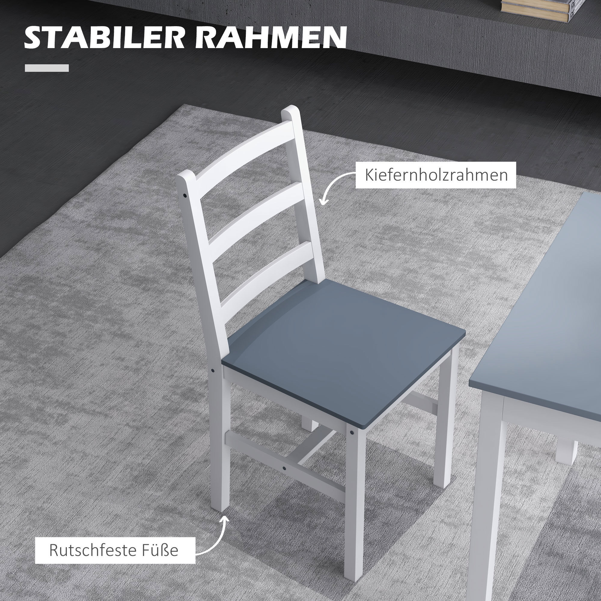 Essgruppe für 2 Personen, 2 Stühle, 1 Tisch, Kiefernholz, Weiß + Grau
