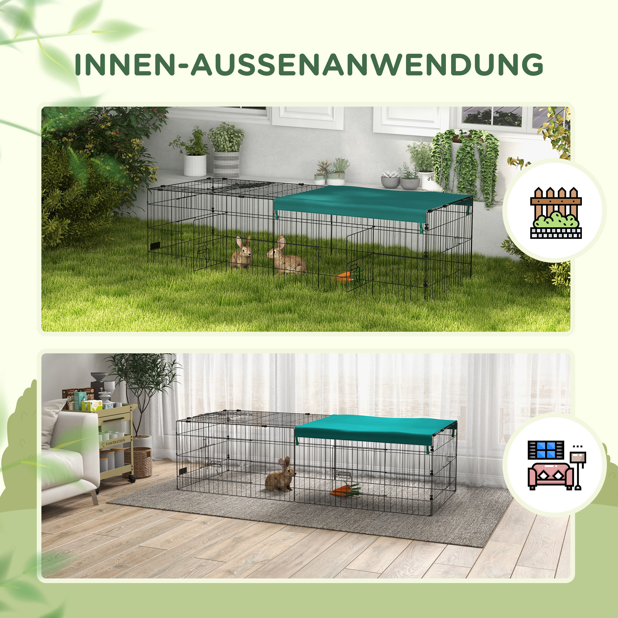 Kleintiergehege Freilaufgehege Zwergkaninchengehege, 185 x 75 x 50 cm, Grün + Schwarz
