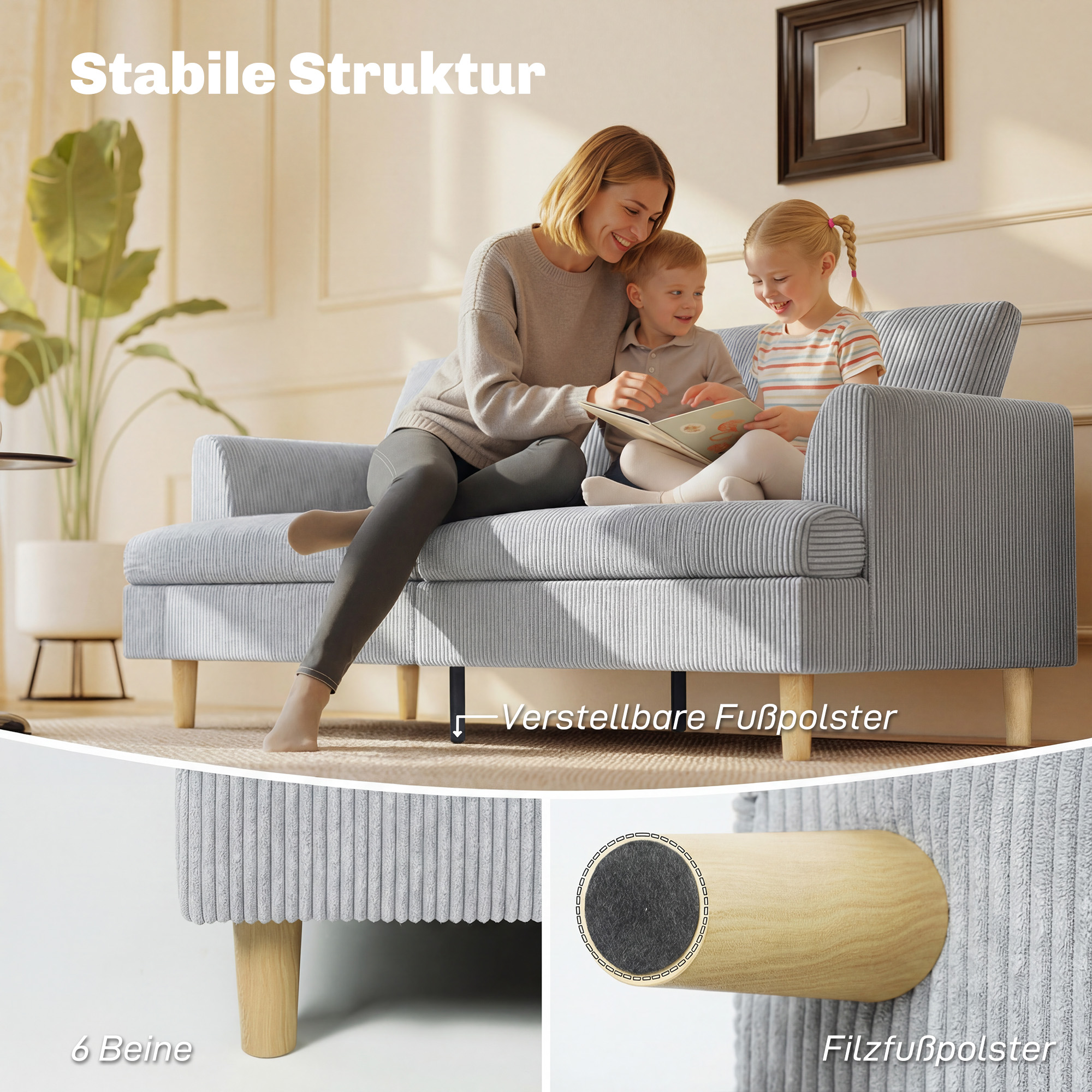 3-Sitzer-Sofa, Couch mit Armlehnen Gepolstert Polstersofa mit Kordoptik für Wohnzimmer Hellgrau