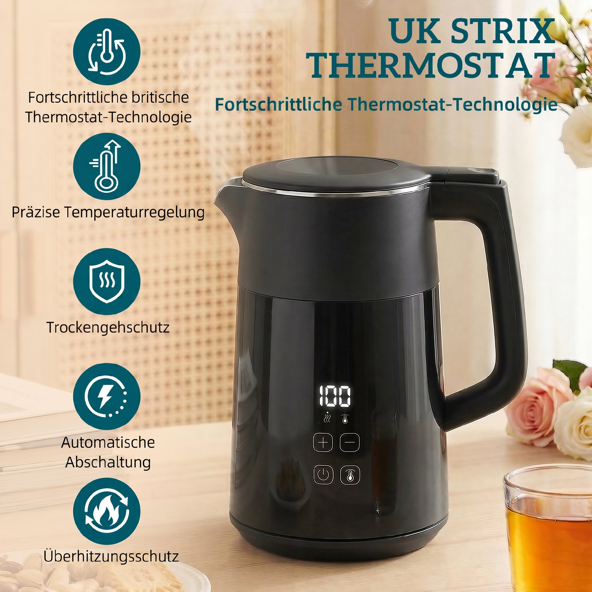 Wasserkocher, 1,7L, Schnellkochend, 2200W, mit LED-Display, Warmhaltefunktion, Trockenkochschutz, PTFE-frei