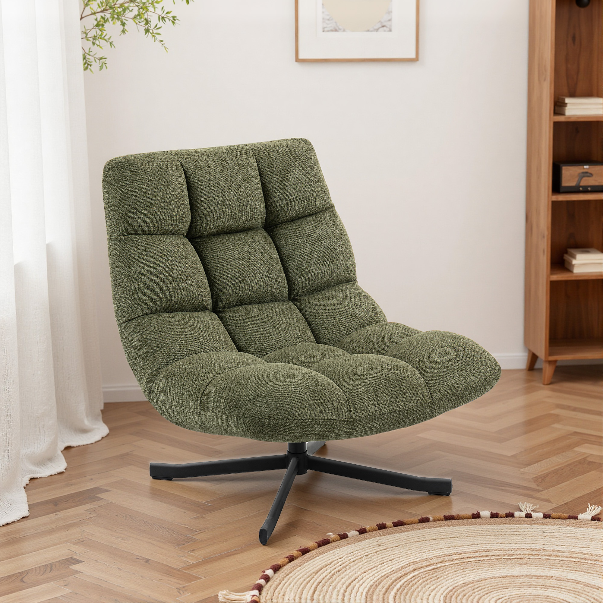 Sessel Drehbar Loungesessel mit Breiter Sitzfläche, wasserabweisend Chenille-Optik, gekreuzt Stahlbeine, Grün