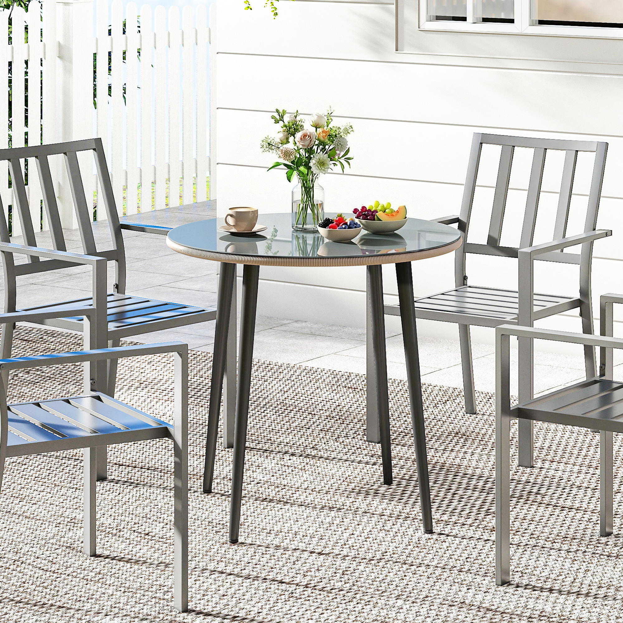 Gartentisch Stahl Buffettisch mit Stahlrahmen, PE-Rattan-Rand, verstellbaren Füßen, 4 Personen 80 x 80 x 74 cm Grau
