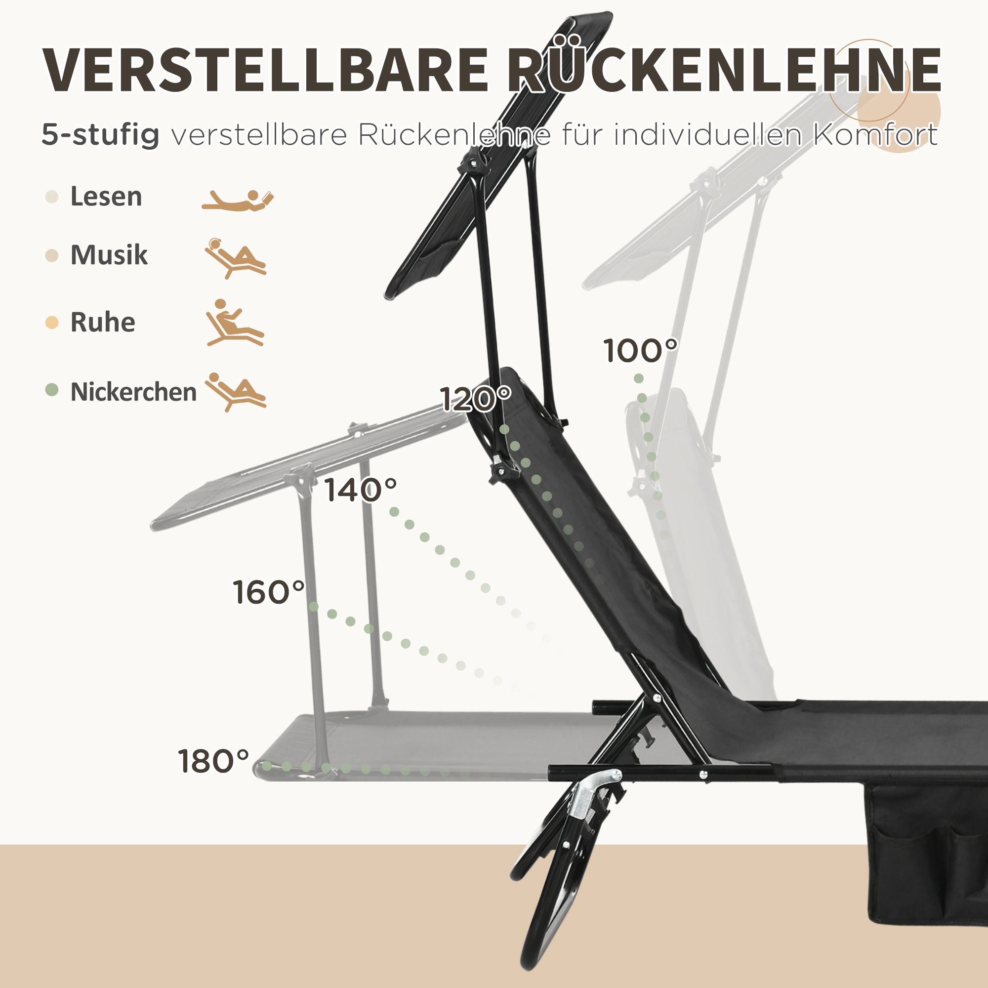 2er Set Sonnenliege klappbar Gartenliege mit Sonnendach 5-Fach höhenverstellbarer Rückenlehne Schwarz