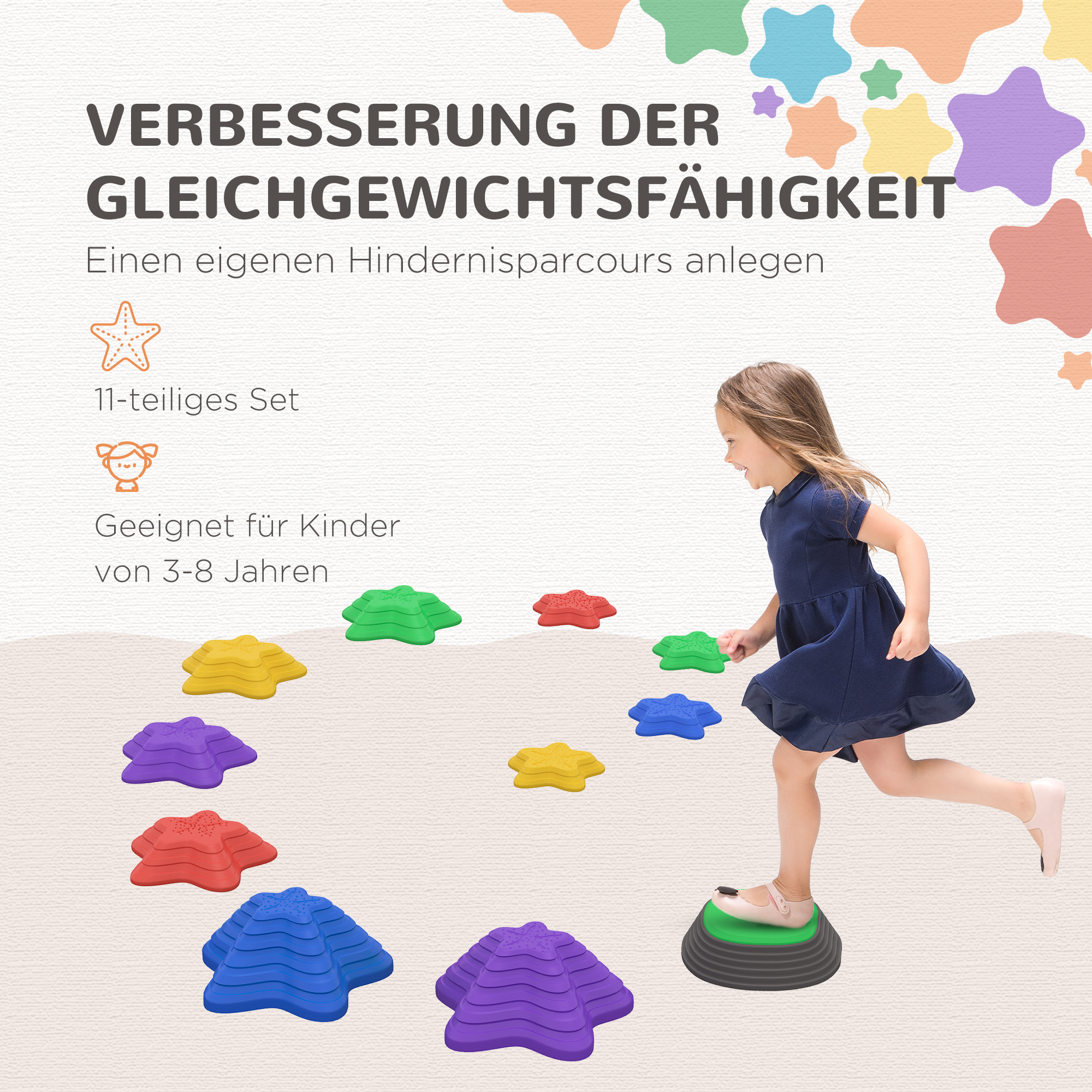 Trittsteine-Set für Kinder ab 3 Jahren, 11 Steine, rutschfest, bis 80 kg, Seestern-Design