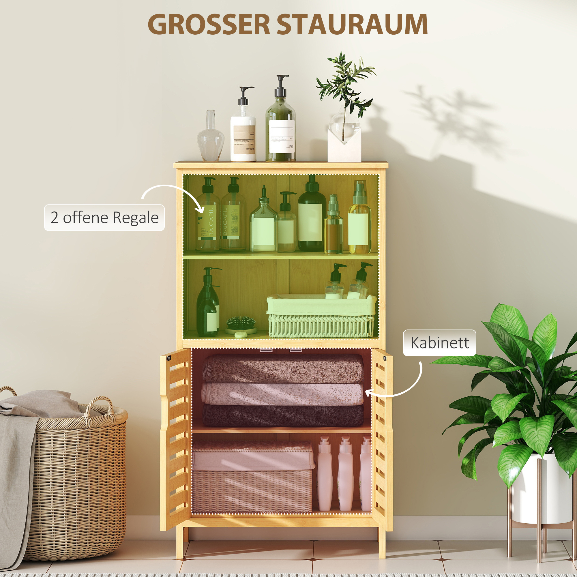 Badezimmerschrank aus Bambus, mit Lamellentüren, 2 Regale, 1 Schrank, 50 cm x 29 cm x 92 cm, Natur