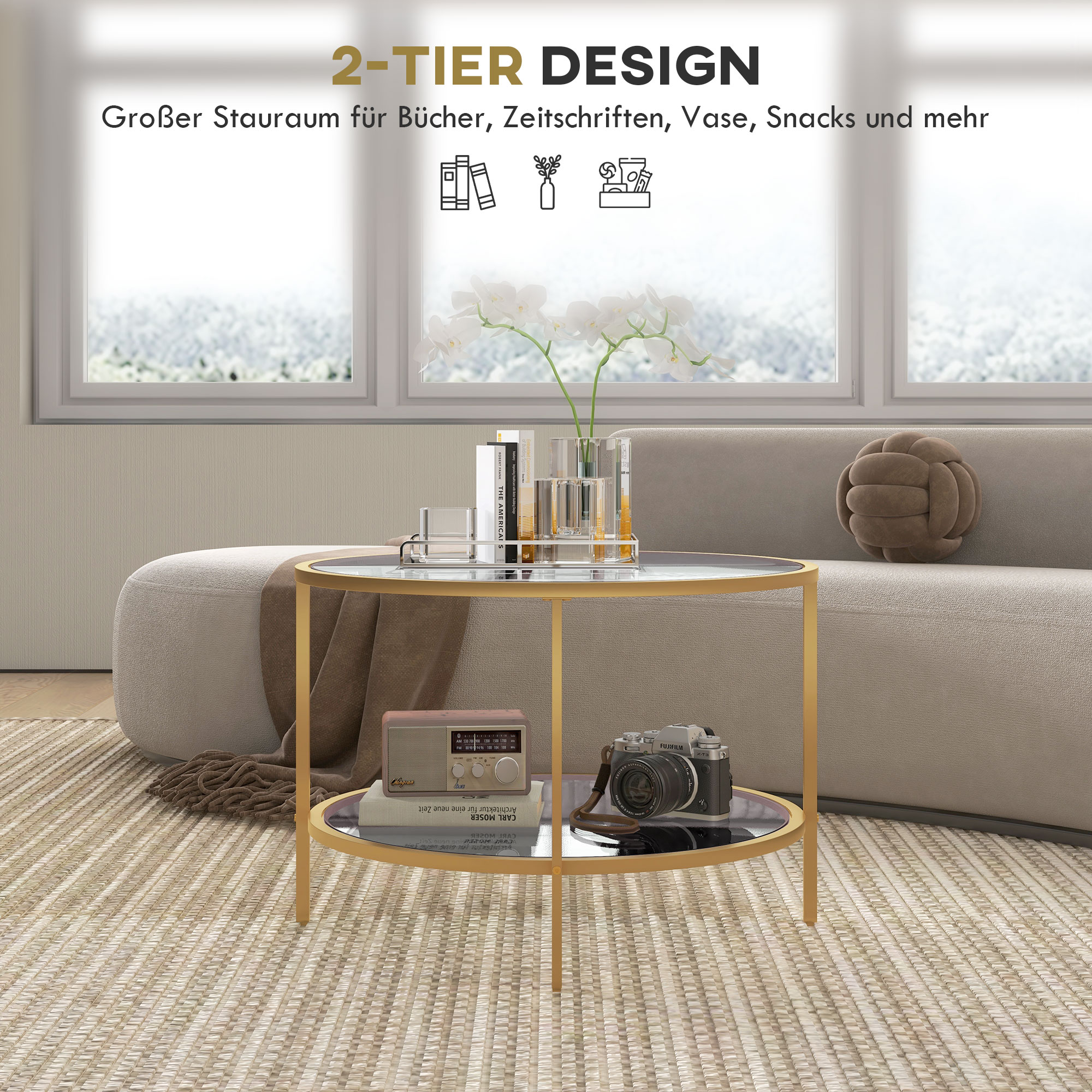 Beistelltisch, modernes Design, 2 Etagen, Ø60x43H cm, Goldton