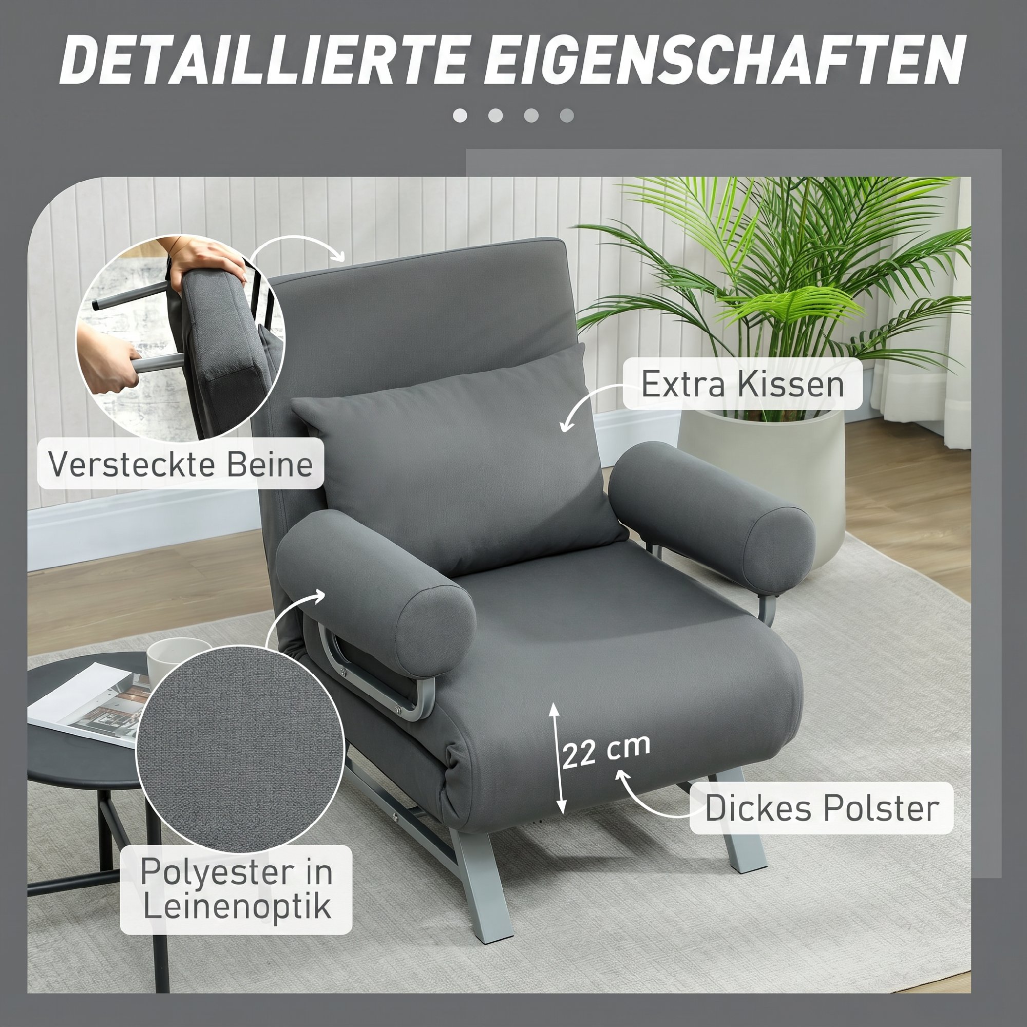 Schlafsessel, Polstersessel, zum Gästebett umwandelbar, ergonomisch, Dunkelgrau