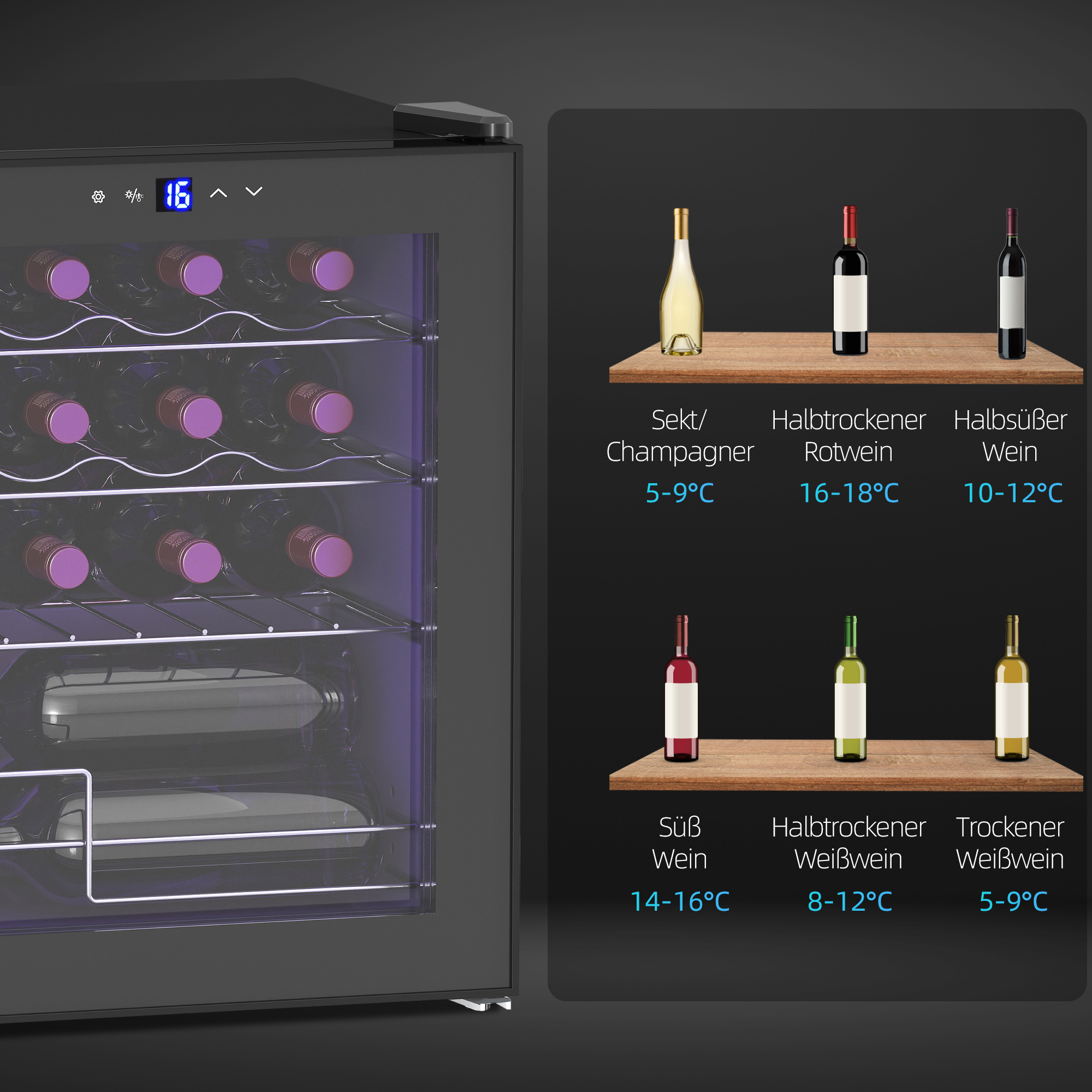 freistehender Weinkühlschrank, 16 Flaschen, für Hausbar, Wohnzimmer, Küche Touchscreen, Glastür, LED-Beleuchtung
