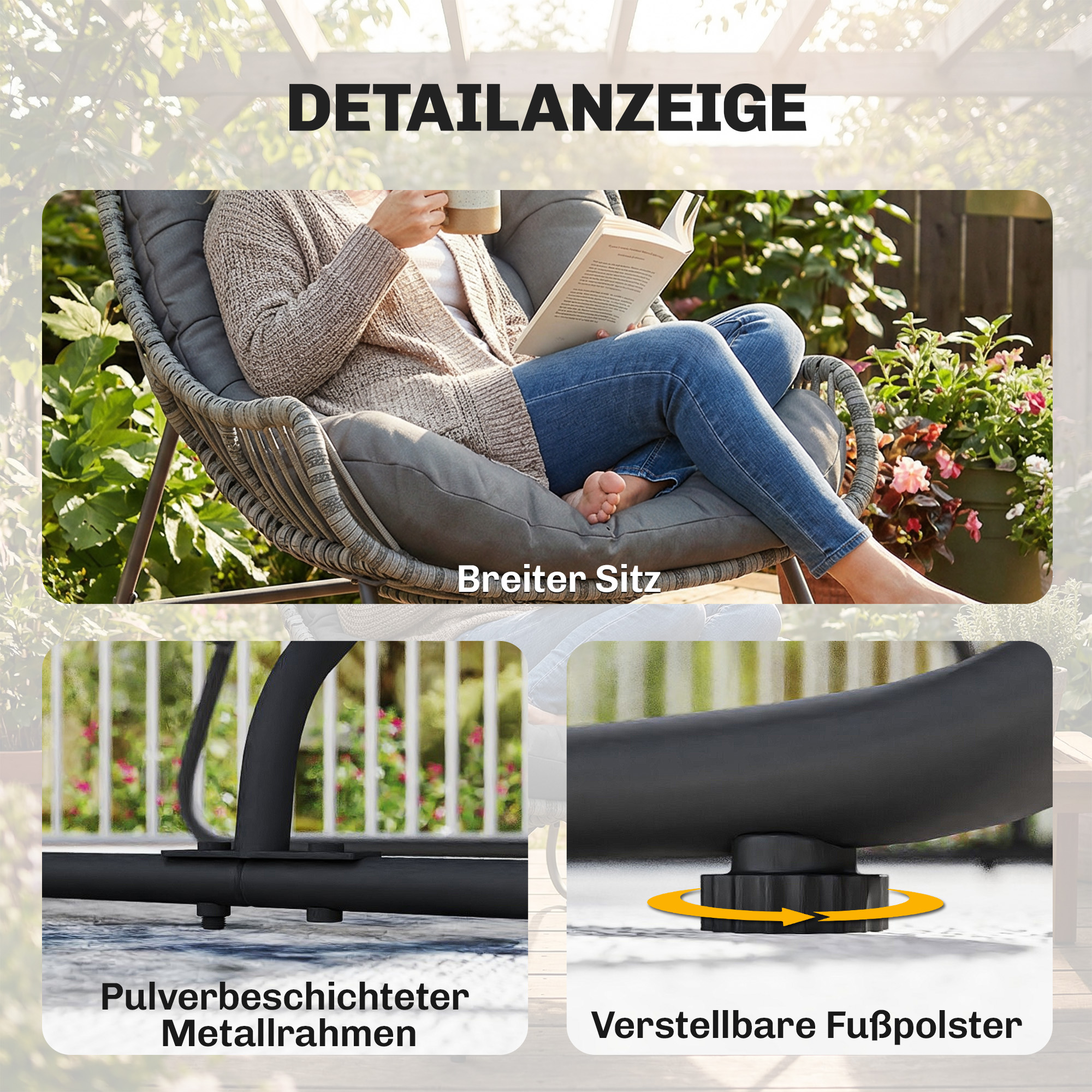 Rattansessel mit Kissen Bänder, gepolsterter Outdoor Sessel aus Polyrattan, Korbsessel bis 120kg