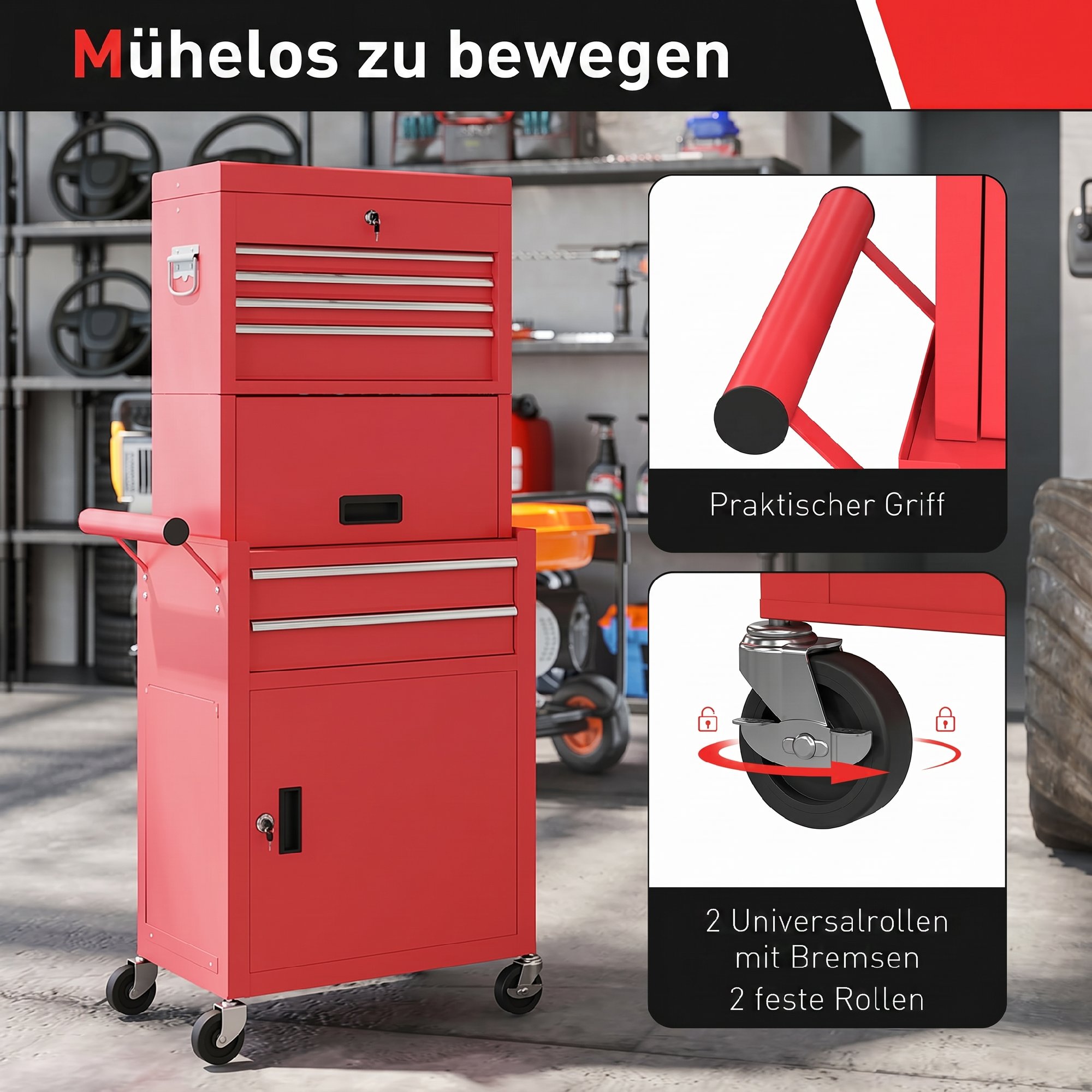 rollbarer Werkzeugschrank, 6 Schubladen, 2 Schränke, Stahl, verschließbar, Rot