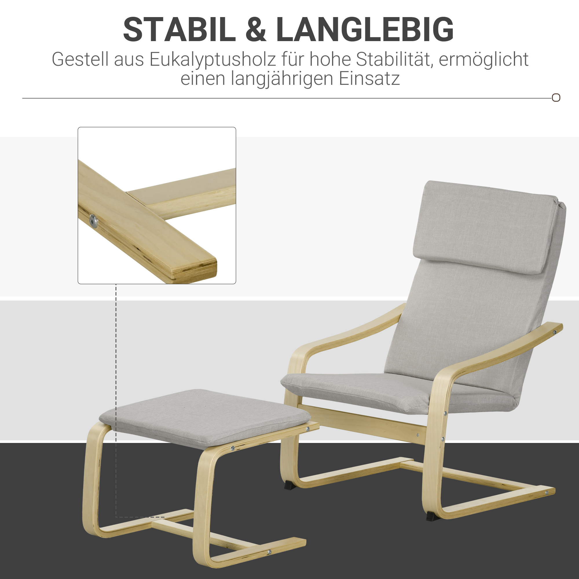 Loungesessel mit Hocker, Bezug in Leinenoptik, Holzrahmen, bis 120 kg, Hellgrau/Natur