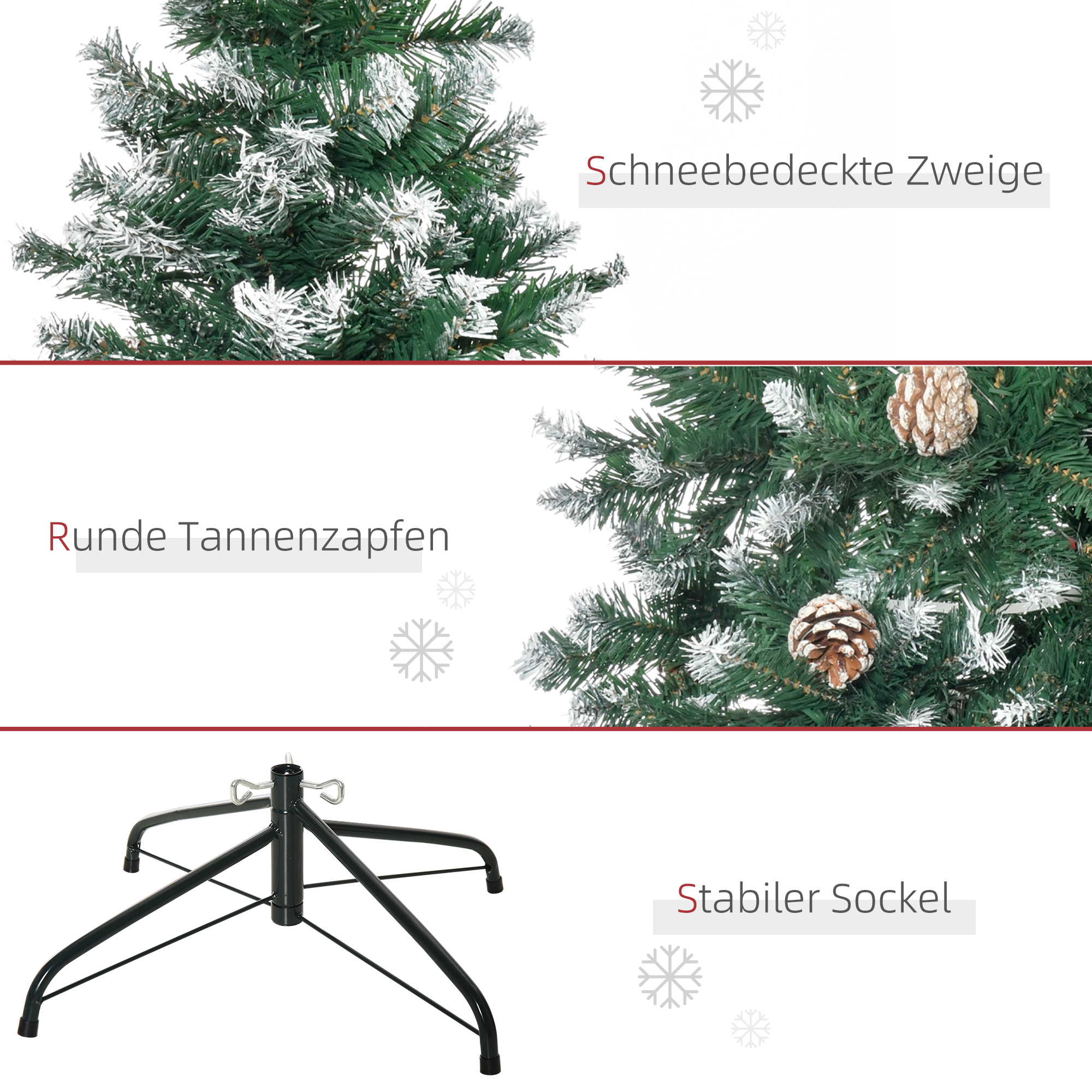 künstlicher Weihnachtsbaum 180 cm Kieferbaum künstlich mit 59 Zapfen, Schnee, 1111 Spitzen für drinnen