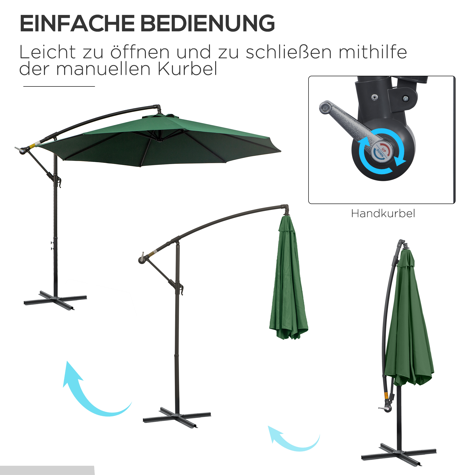 Sonnenschirm mit Handkurbel Wetterbeständig 3 m x 3 m x 2,5 m XXL Grün