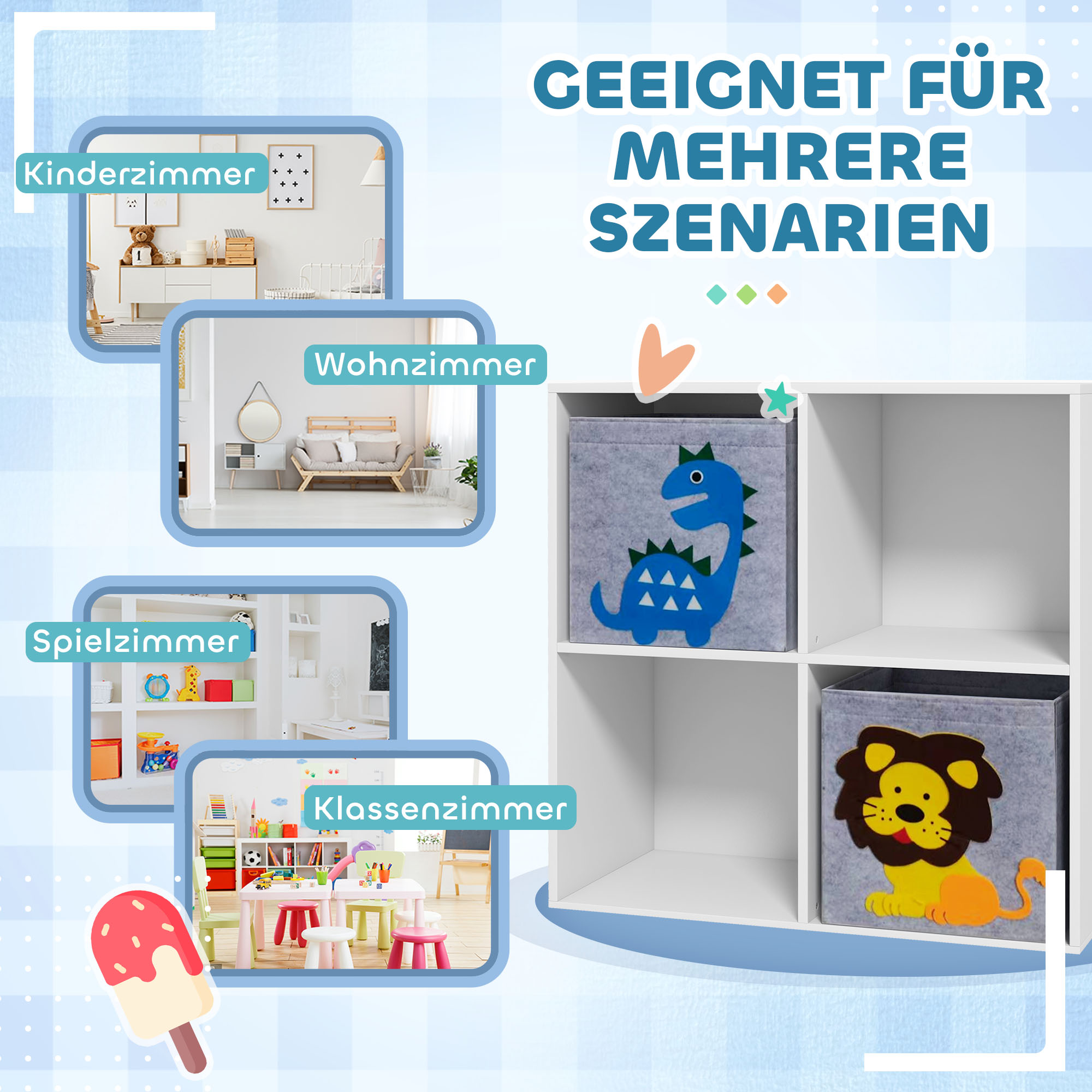 Aufbewahrungsregal für Kinder, Würfel, Schubladen, MDF, Kippschutz, Weiß
