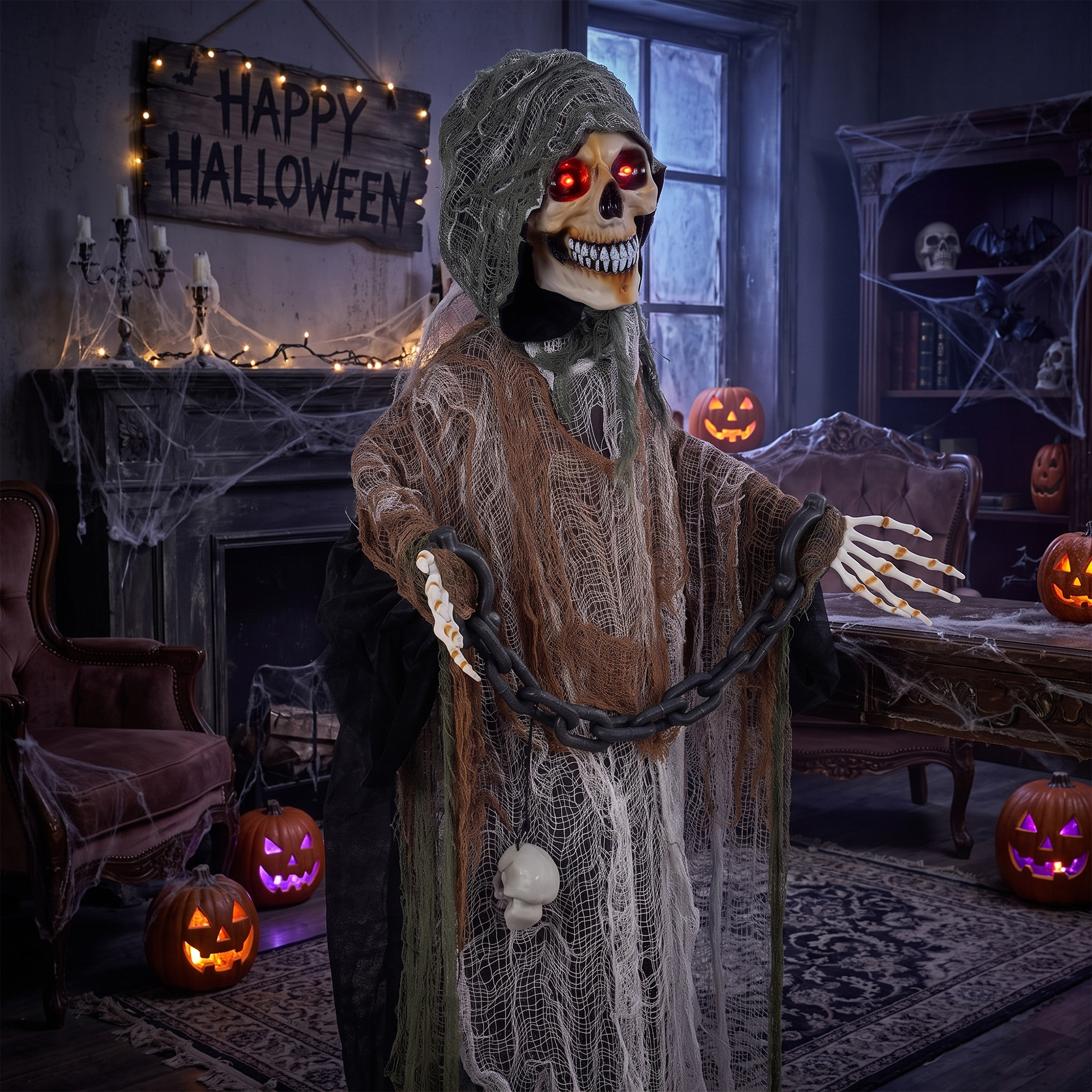 animierter Sensenmann, 170 cm, lebensgroße Halloween-Animatronic mit beweglichen Händen/Kopf, leuchtenden Augen und Gruselsound
