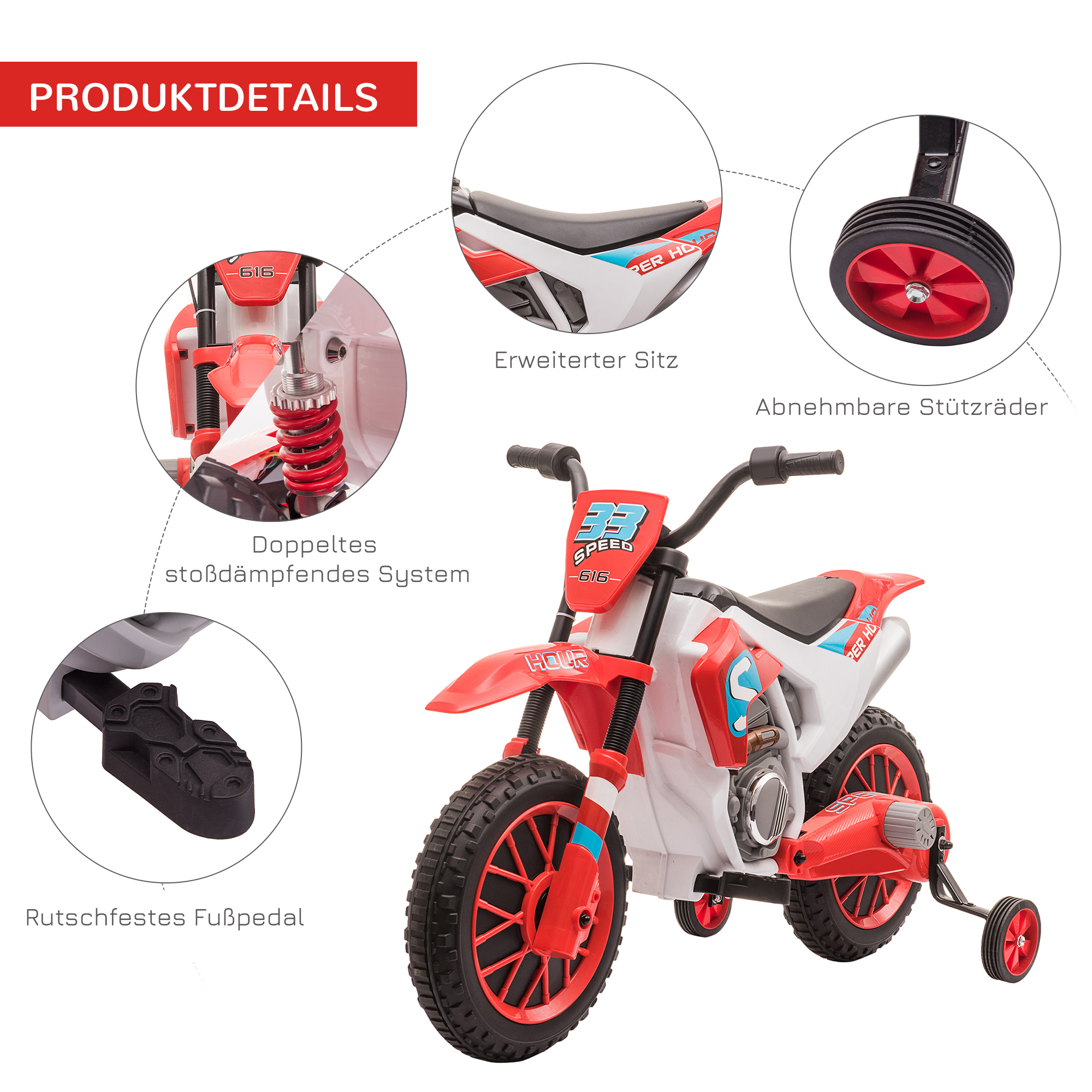 Kindermotorrad, Elektromotorrad, 45 Min Fahrzeit, mit Stützrädern, ab 3 Jahren, rot+weiß, 106,5 x 51,5 x 68cm