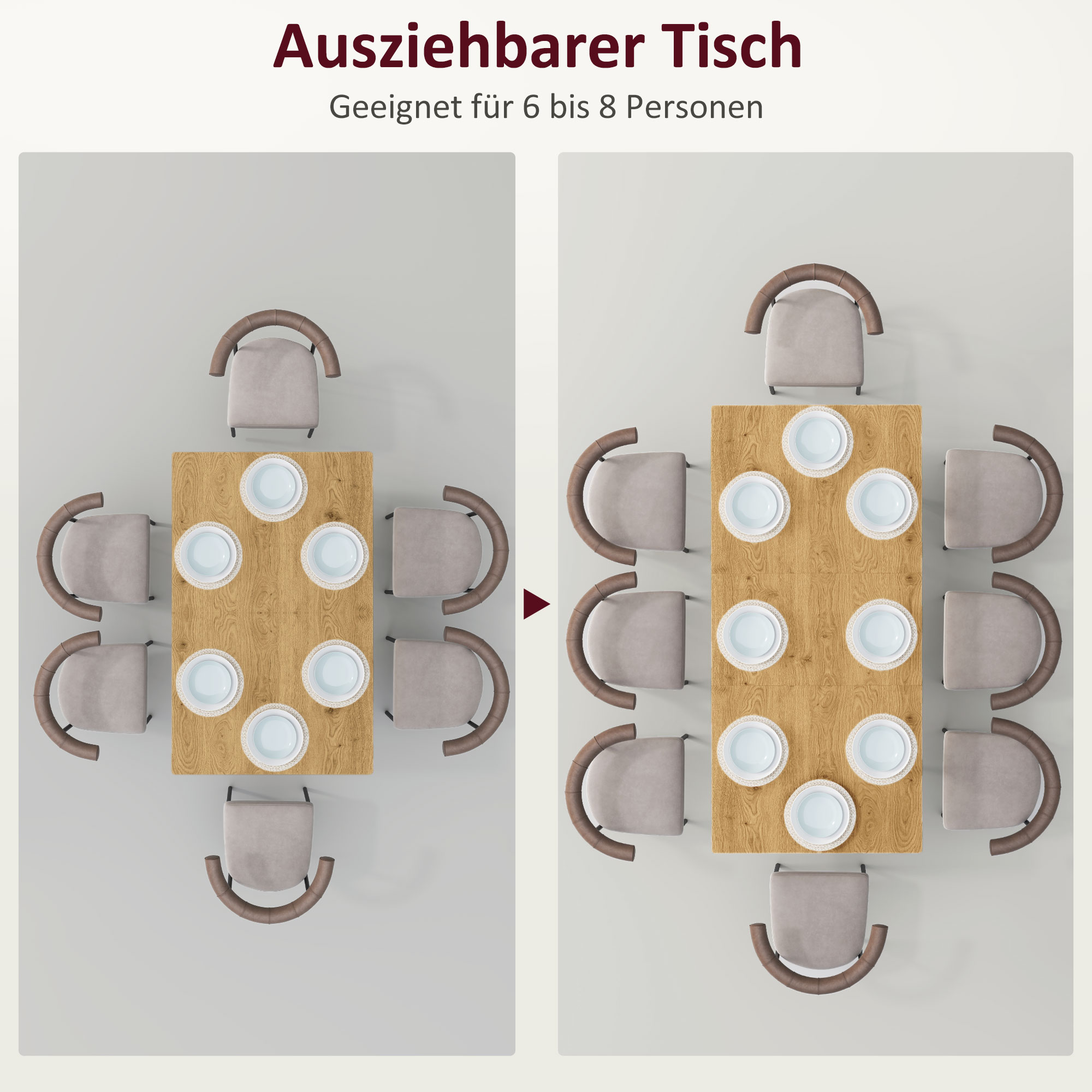 Ausziehbarer Esstisch, Erweiterbarer Tisch für 6-8 Personen, Küchentisch mit soliden Stahlbeinen