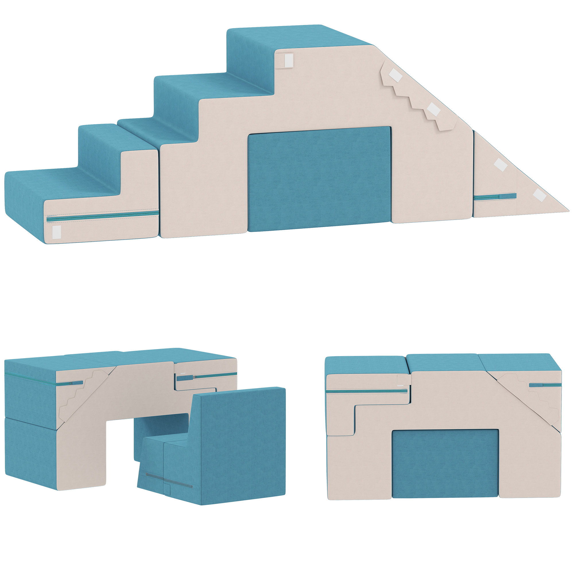 2-teiliges weiches Spielblöcke-Set für Kleinkinder, Kunstleder, Schaumstoff, zum Klettern, Bauen, Spielen, Beige+Blau