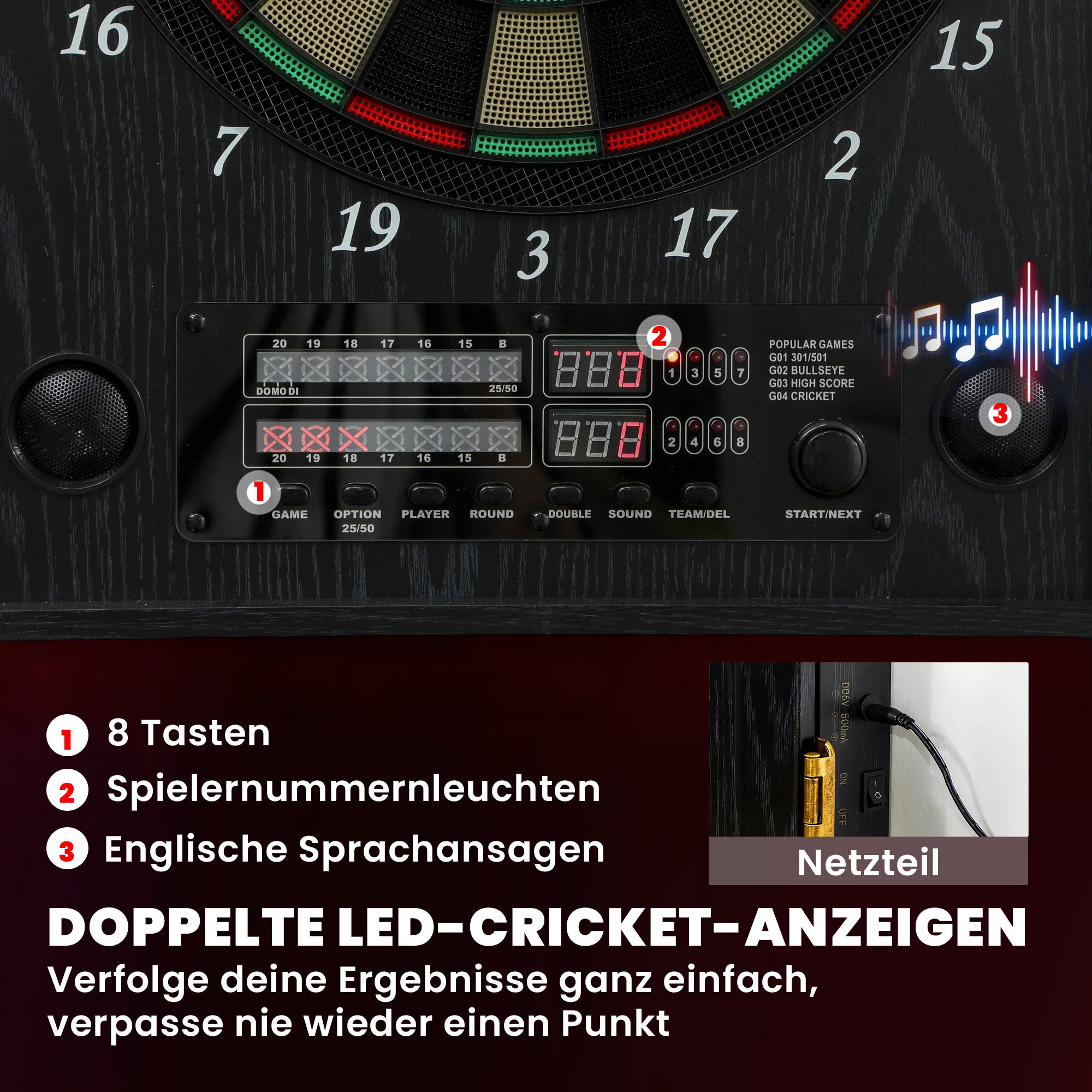 Elektronische Dartscheibe E Dartboard mit Türen Holzoptik LED Anzeige Sprachansagen 6 Dartpfeile, 24 Ersatzspitzen