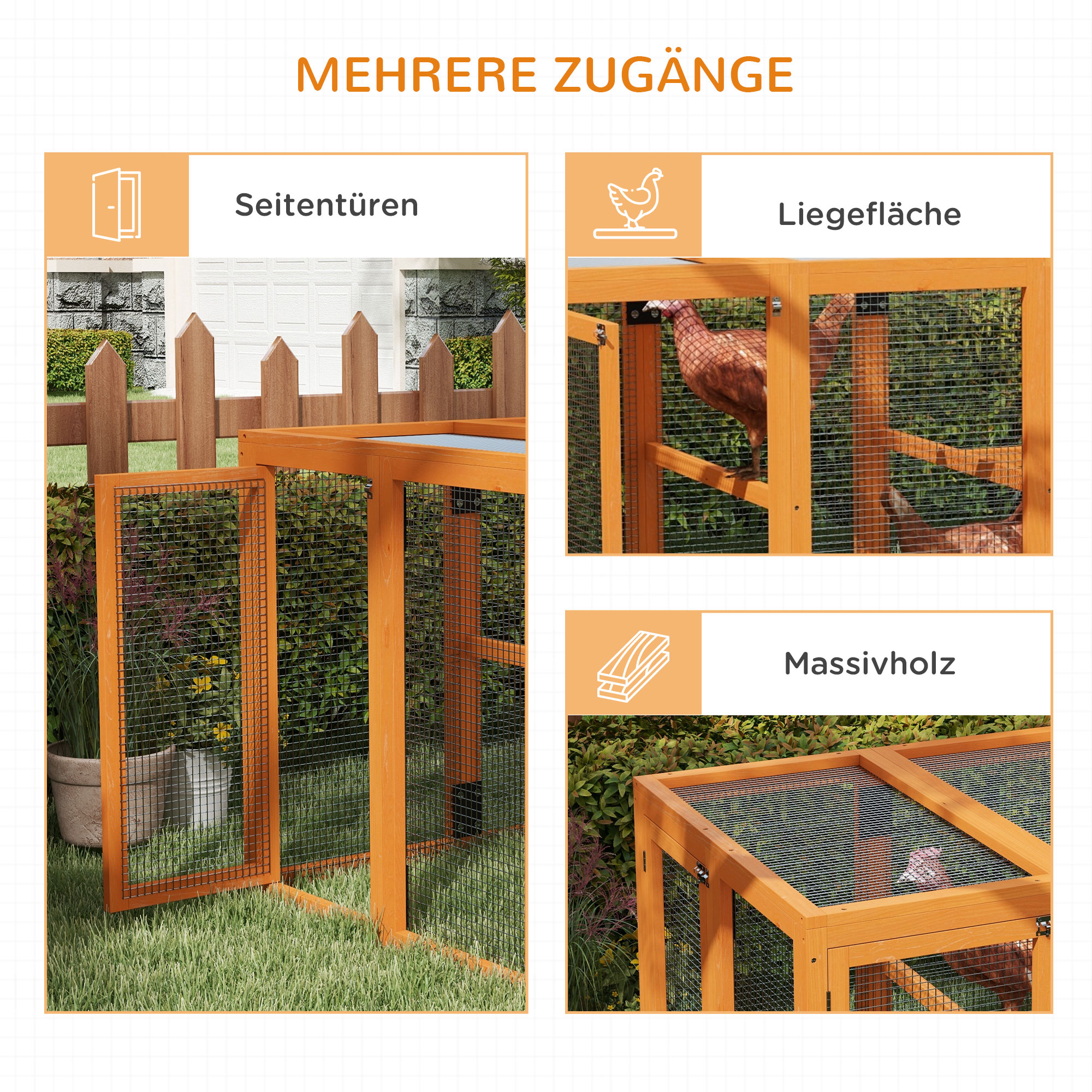 Hühnerstall für 1-3 Hühner, Holzrahmen, Stahldraht, erweiterbares Design, Holzsitzstangen, Orange
