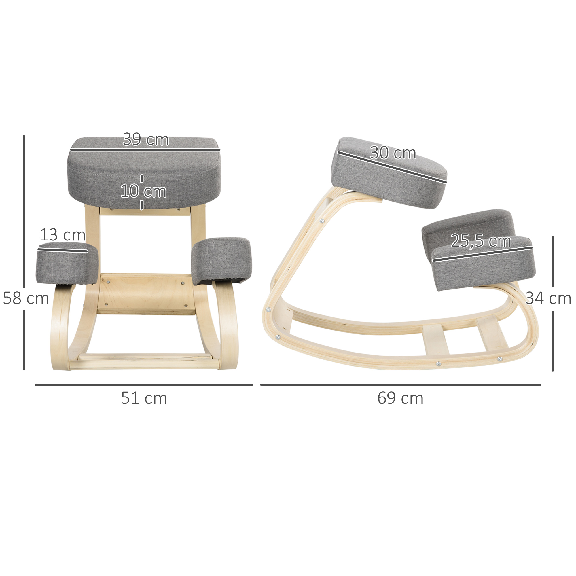 Kniestuhl, ergonomischer Sitzhocker, Polsterhocker für gesunde Sitzhaltung, Birkenholz, 120 kg belastbar, Grau