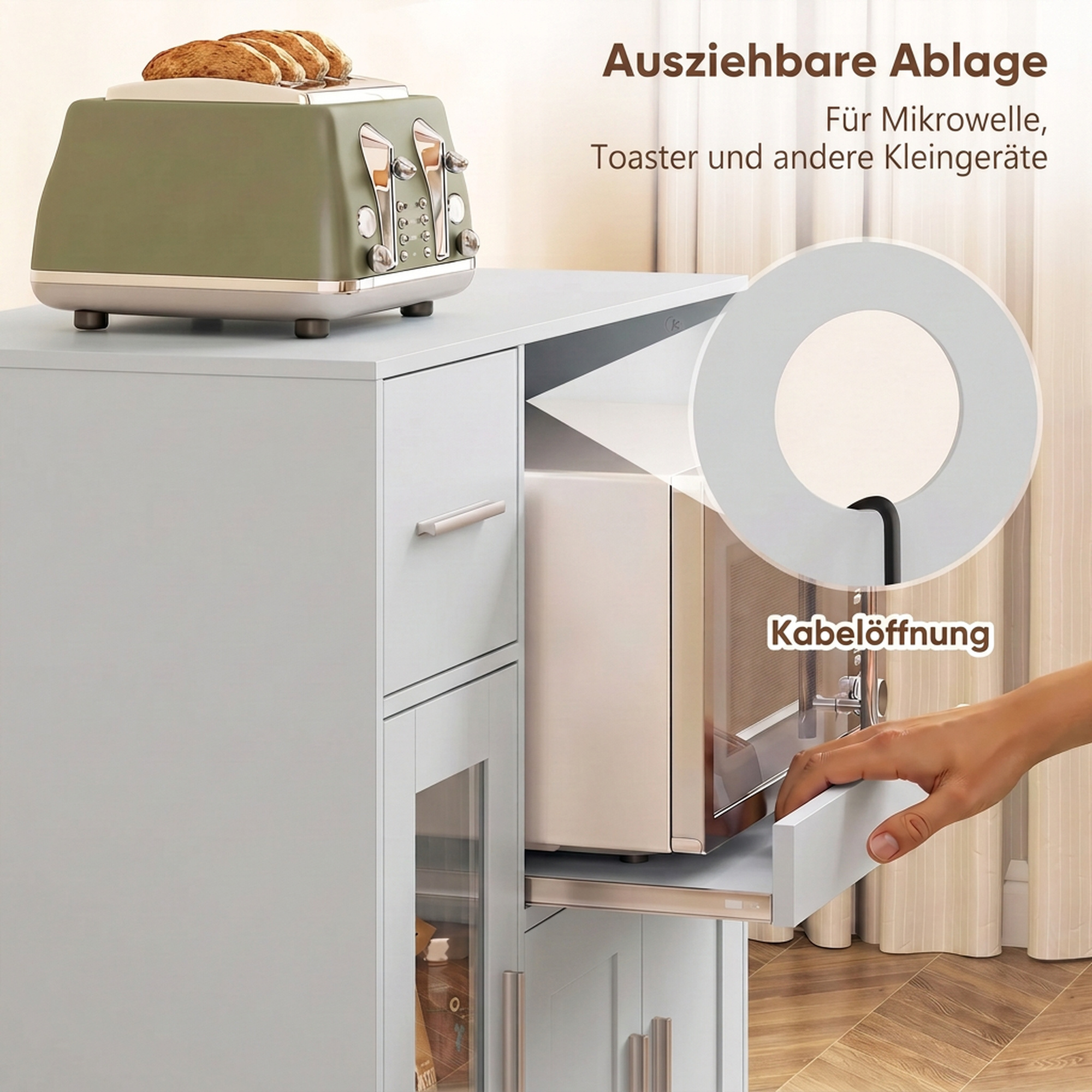 Küchenschrank auf Rädern, Mobile Küchenkommode mit Ablagen, Schubladen, verstellbarem Regal, Kabelloch, Grau
