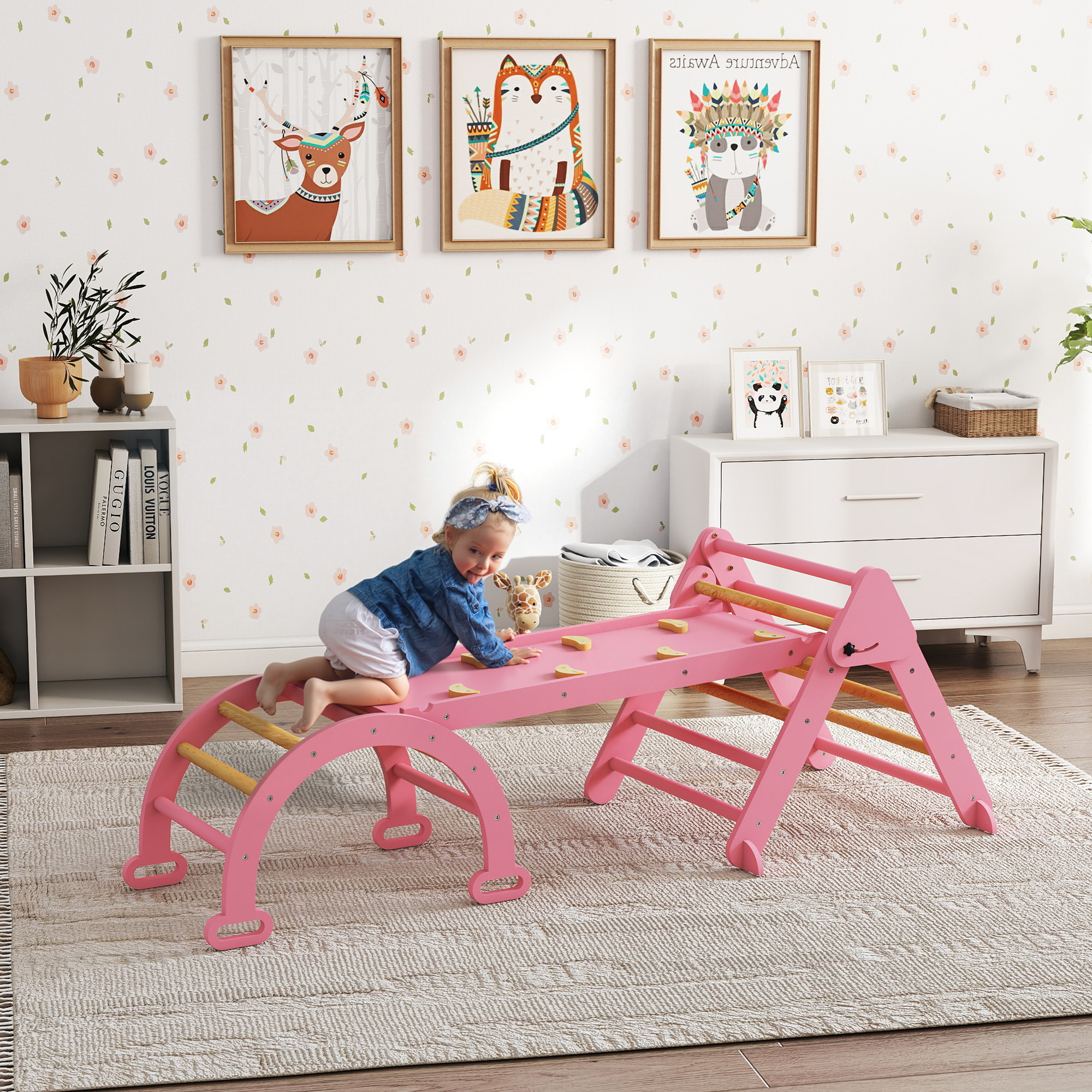Klettergerüst Indoor, 7 in 1 klappbar Kletterdreieck mit Rutsche, Kletterbogen
